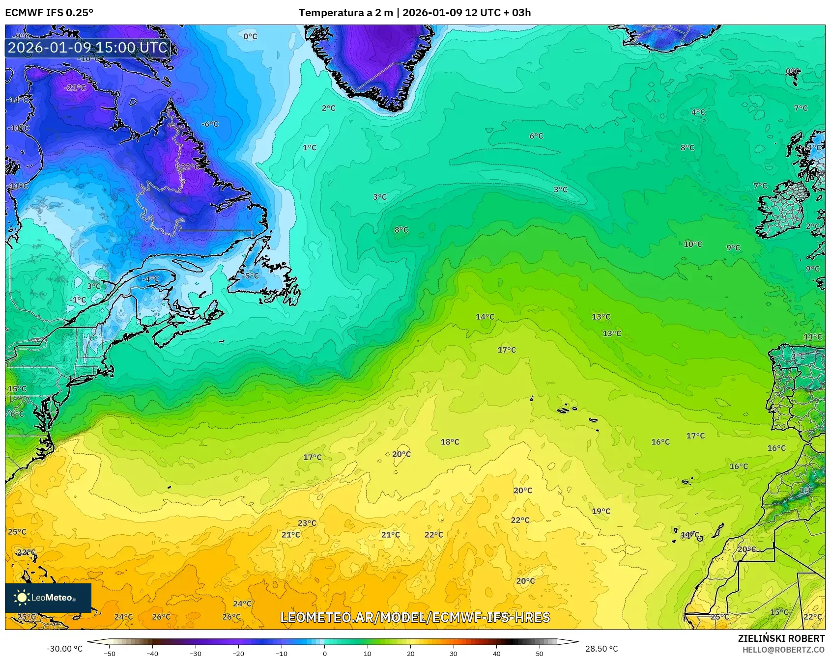 ECMWF IFS 0.25° model - Norte Atlántico, Temperatura a 2 m