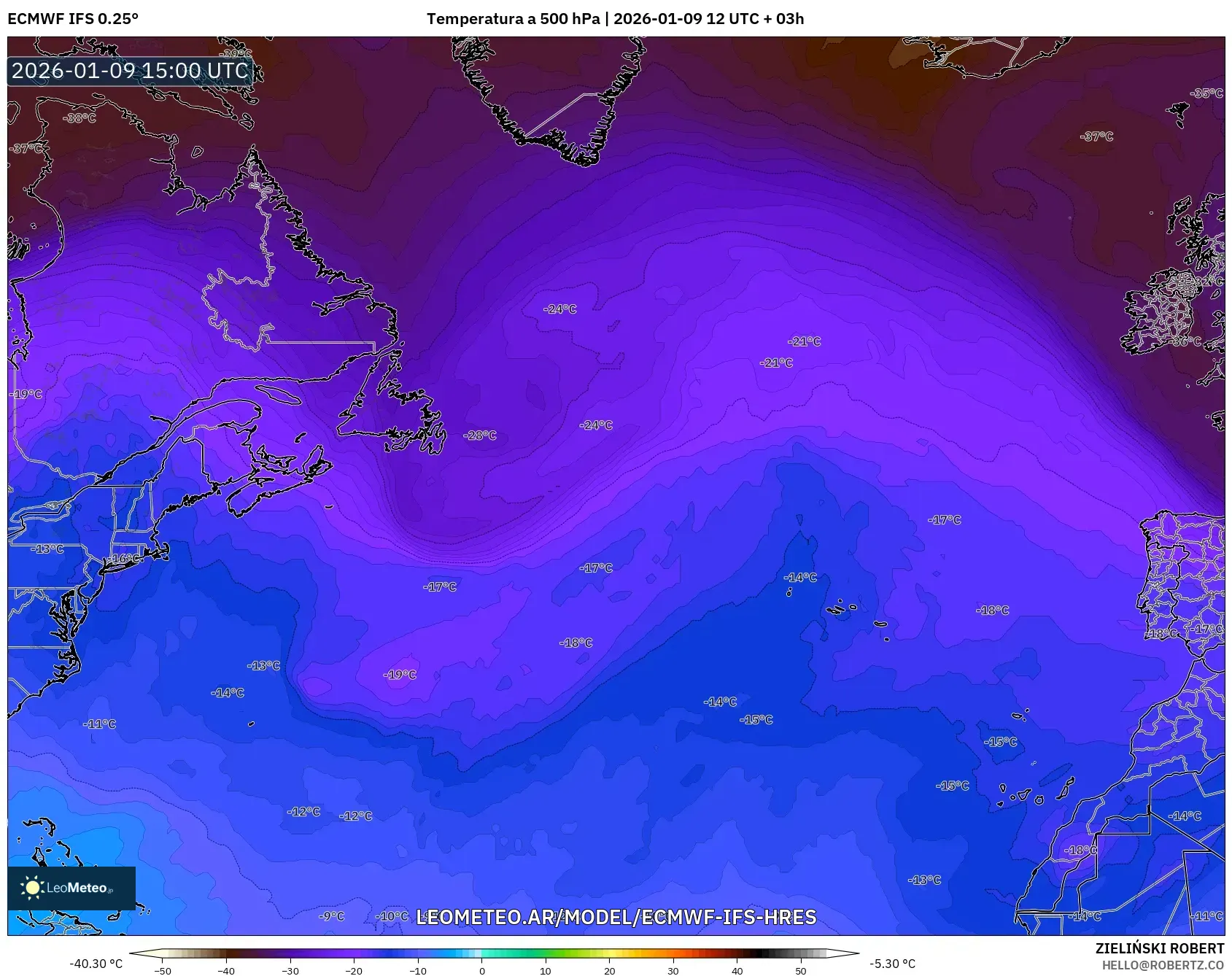 ECMWF IFS 0.25° model - Norte Atlántico, Temperatura a 500 hPa