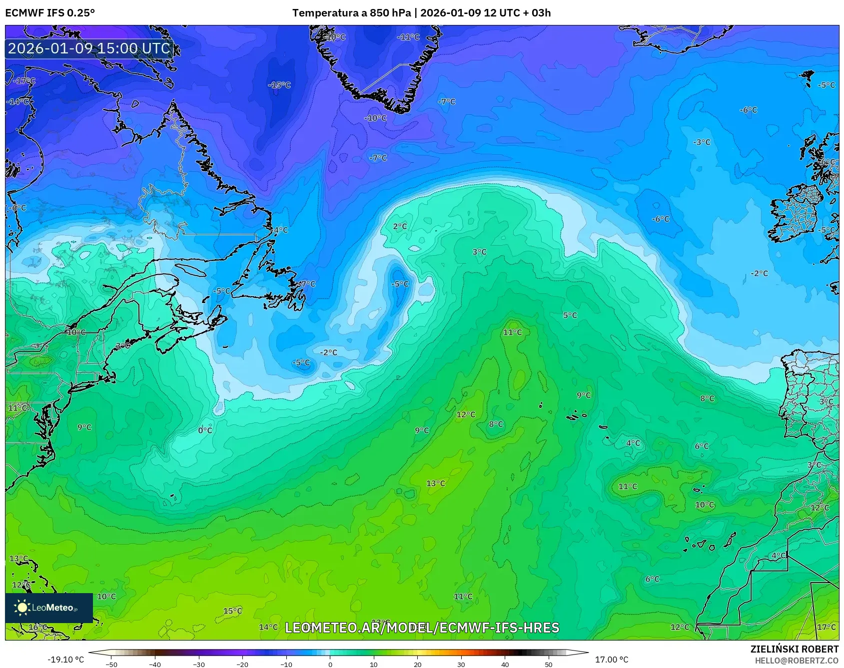 ECMWF IFS 0.25° model - Norte Atlántico, Temperatura a 850 hPa