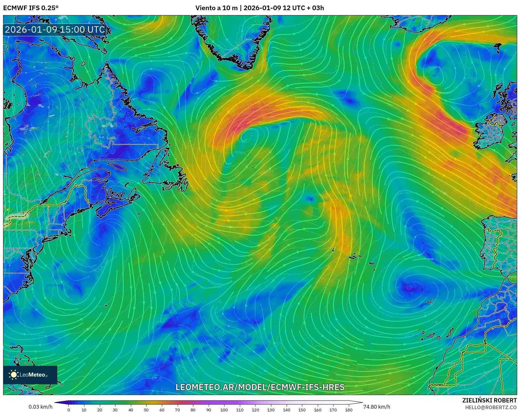 ECMWF IFS 0.25° model - Norte Atlántico, Viento a 10 m