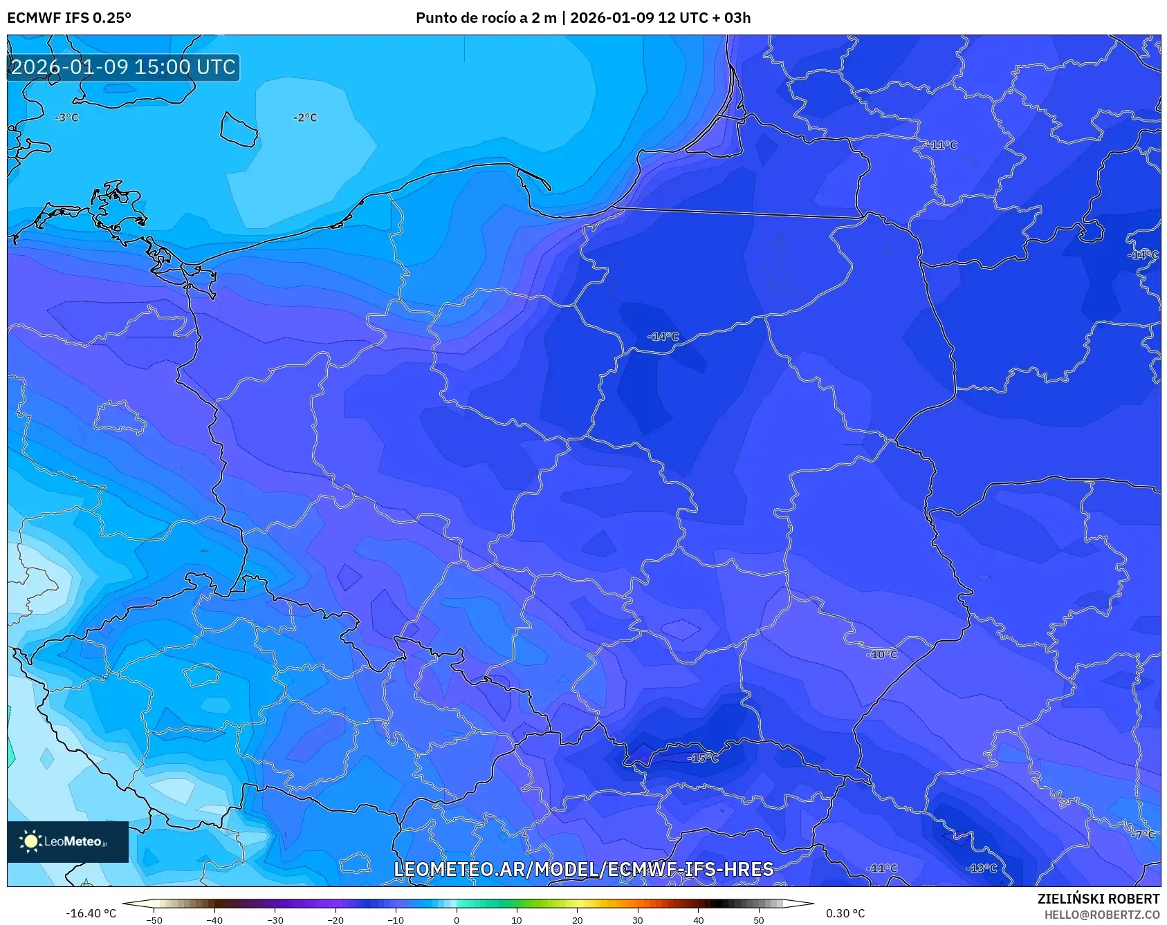 ECMWF IFS 0.25° model - Polonia, Punto de rocío a 2 m