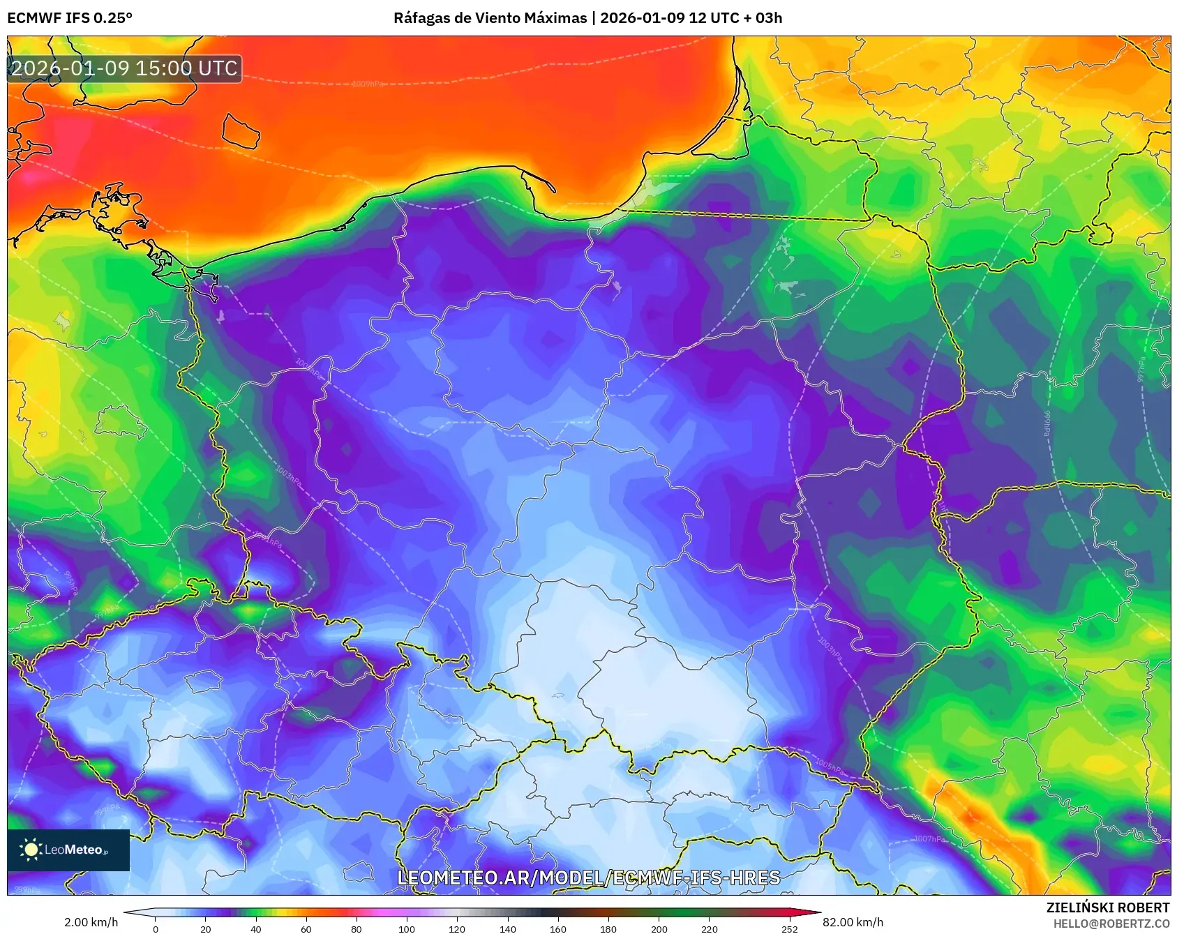 ECMWF IFS 0.25° model - Polonia, Ráfagas de Viento Máximas