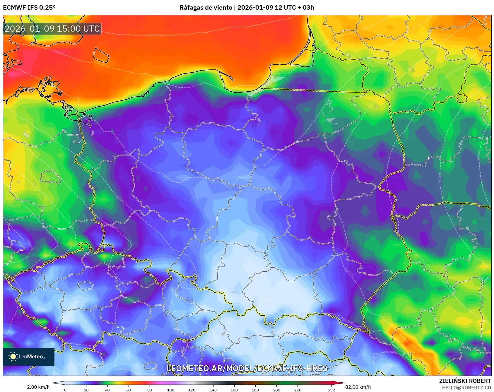 ECMWF IFS 0.25° model - Polonia, Ráfagas de viento