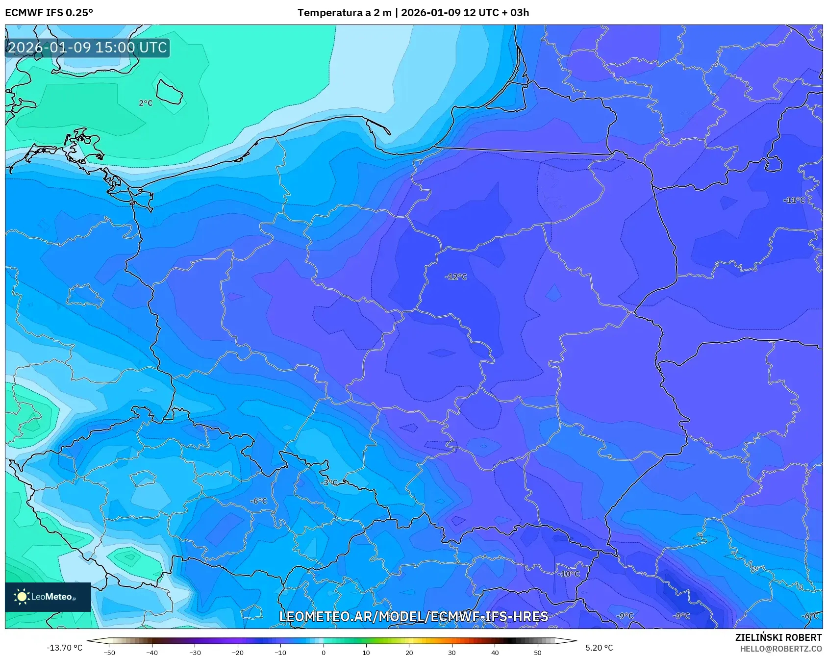 ECMWF IFS 0.25° model - Polonia, Temperatura a 2 m