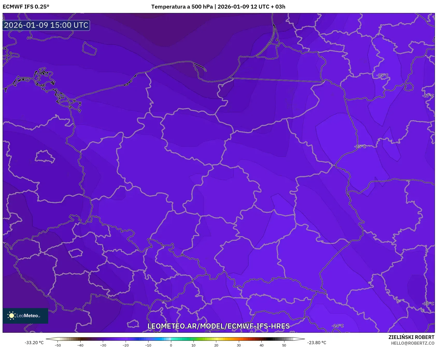 ECMWF IFS 0.25° model - Polonia, Temperatura a 500 hPa