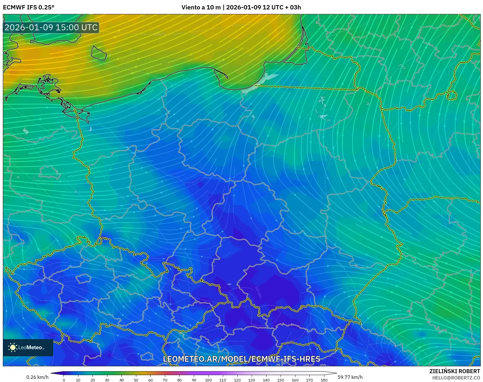 ECMWF IFS 0.25° model - Polonia, Viento a 10 m
