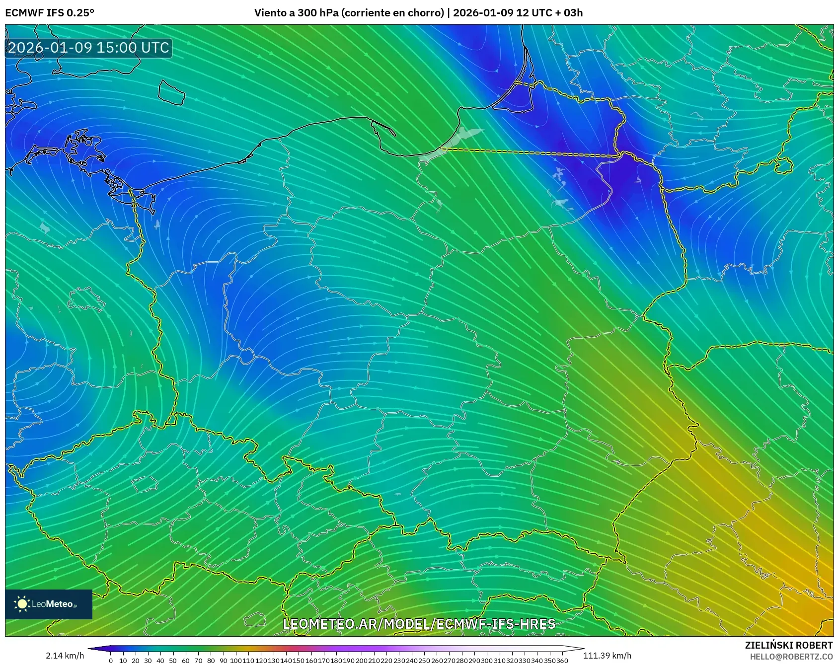 ECMWF IFS 0.25° model - Polonia, Viento a 300 hPa (corriente en chorro)
