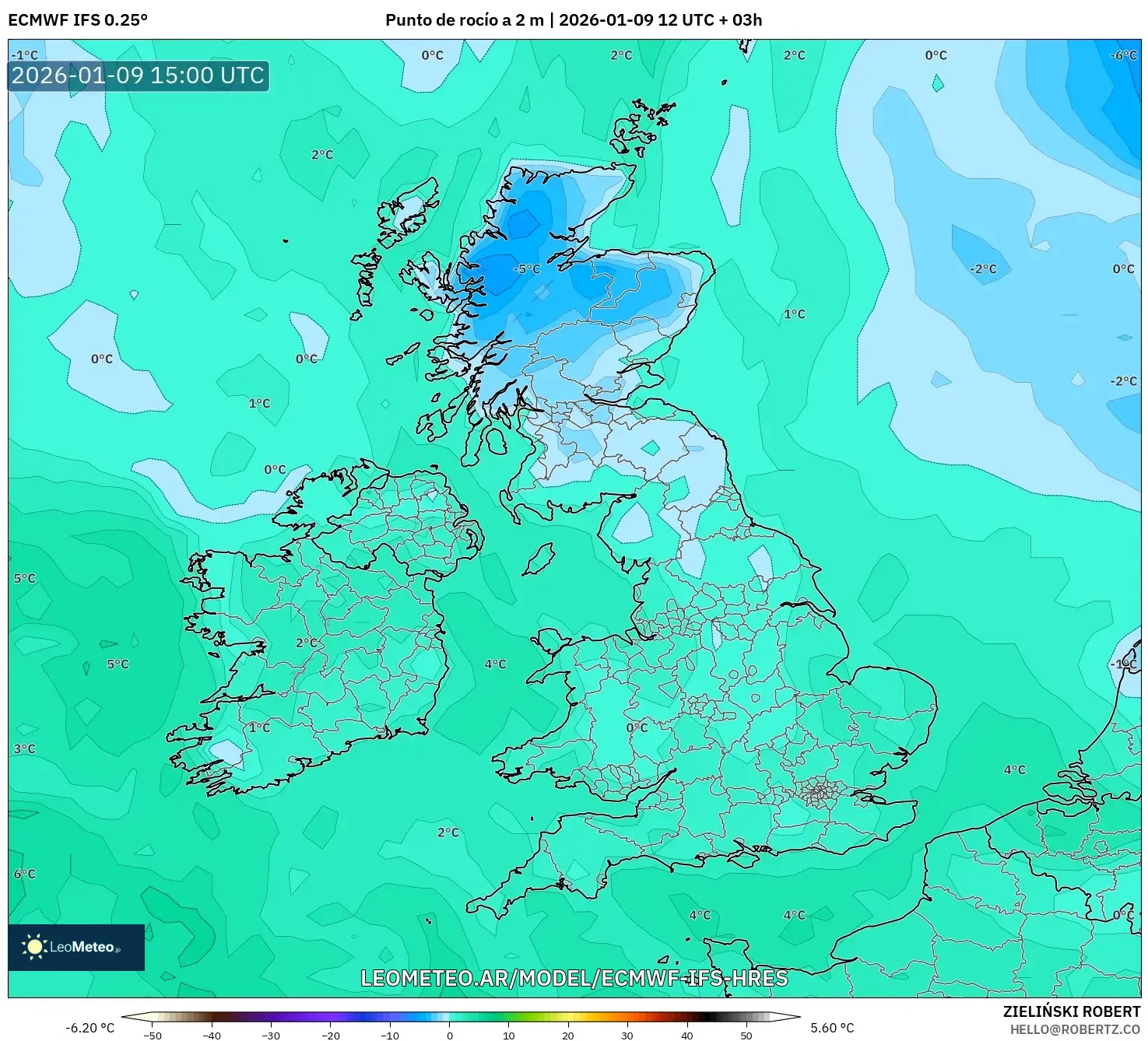ECMWF IFS 0.25° model - Reino Unido, Punto de rocío a 2 m