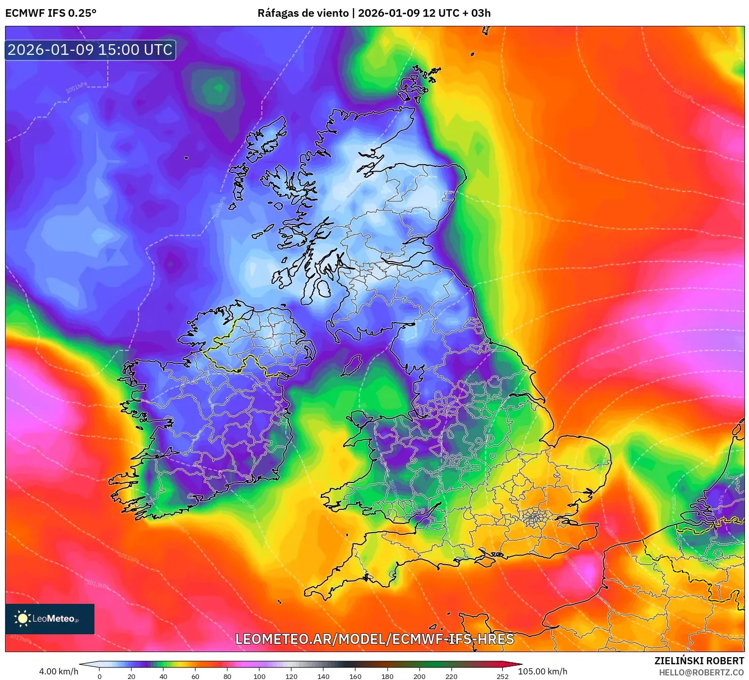 ECMWF IFS 0.25° model - Reino Unido, Ráfagas de viento