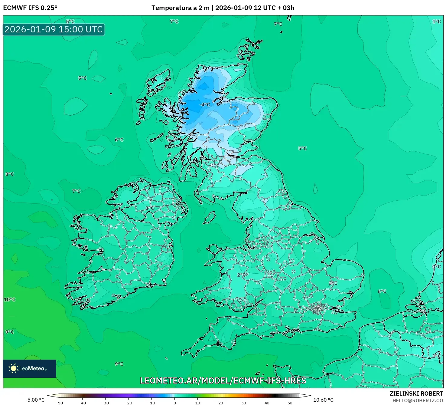 ECMWF IFS 0.25° model - Reino Unido, Temperatura a 2 m