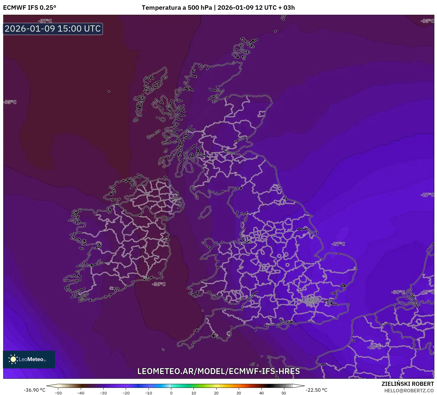 ECMWF IFS 0.25° model - Reino Unido, Temperatura a 500 hPa