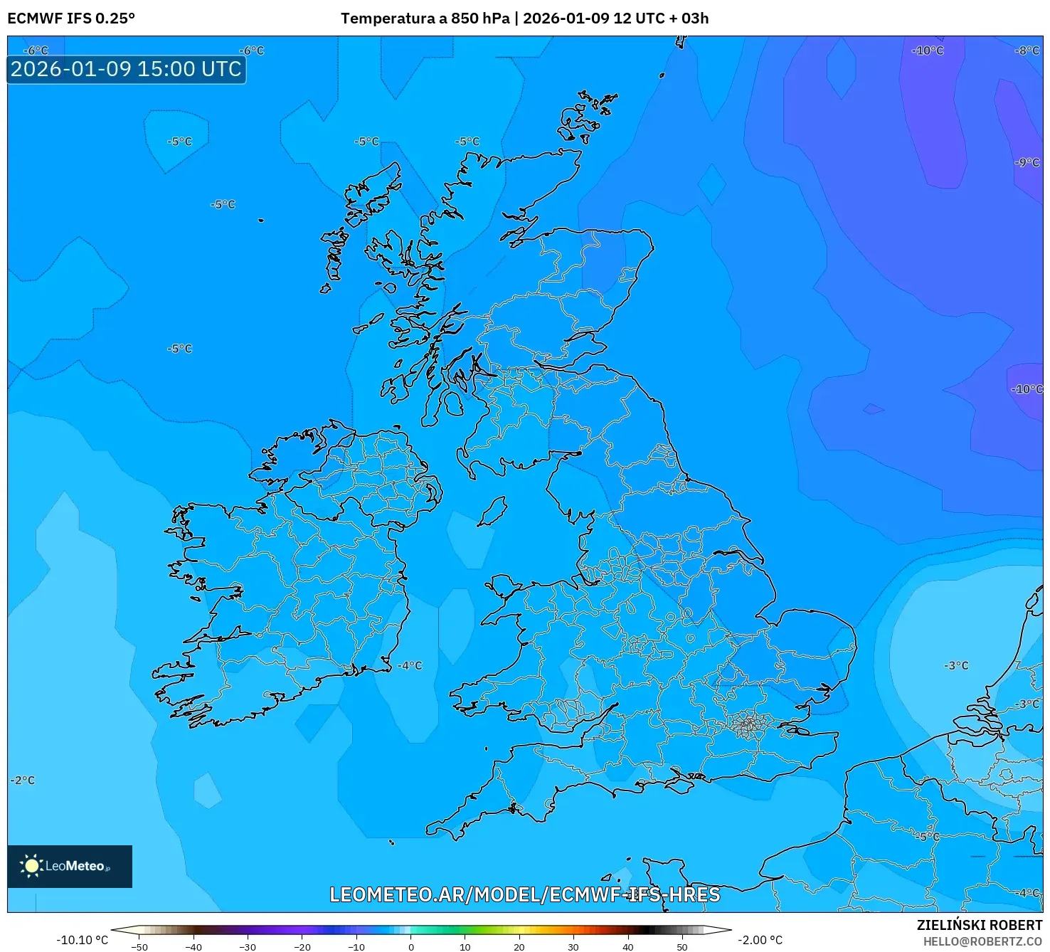 ECMWF IFS 0.25° model - Reino Unido, Temperatura a 850 hPa