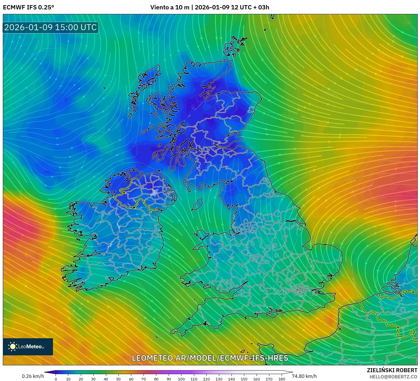 ECMWF IFS 0.25° model - Reino Unido, Viento a 10 m