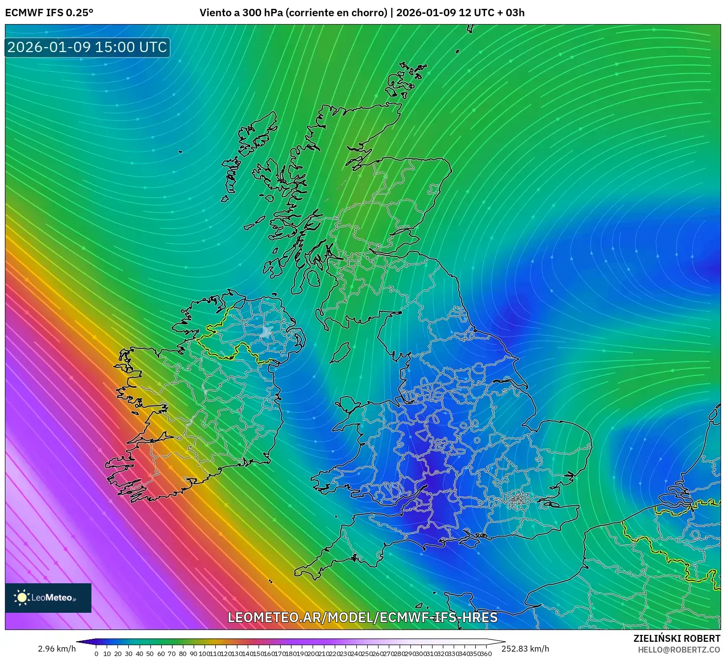 ECMWF IFS 0.25° model - Reino Unido, Viento a 300 hPa (corriente en chorro)