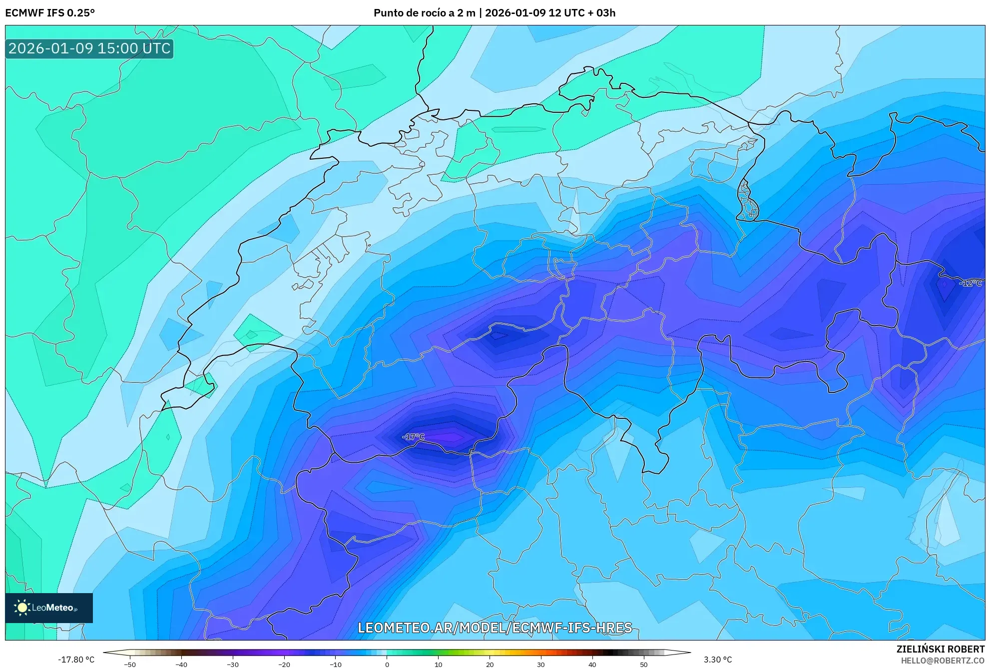 ECMWF IFS 0.25° model - Suiza, Punto de rocío a 2 m