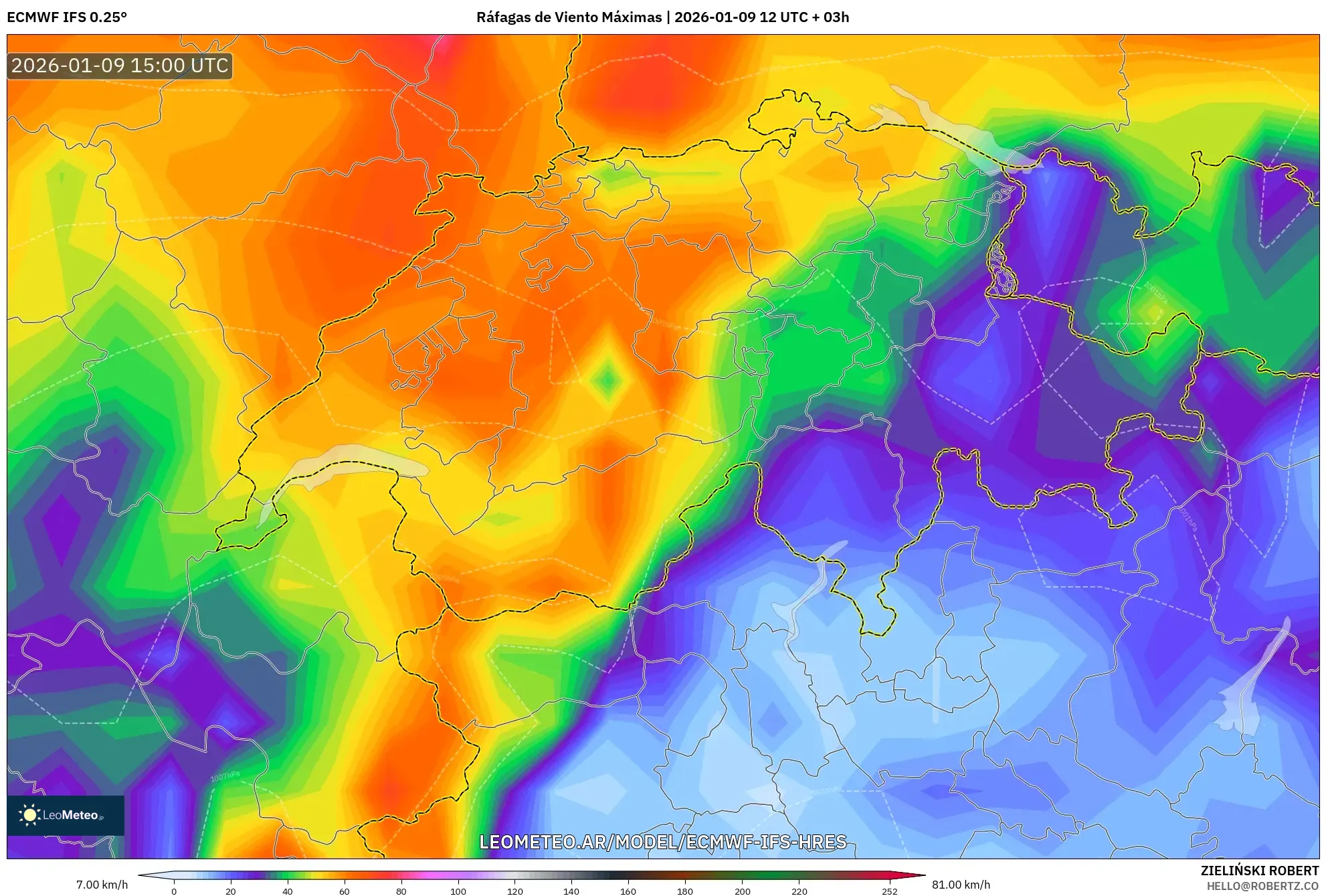 ECMWF IFS 0.25° model - Suiza, Ráfagas de Viento Máximas
