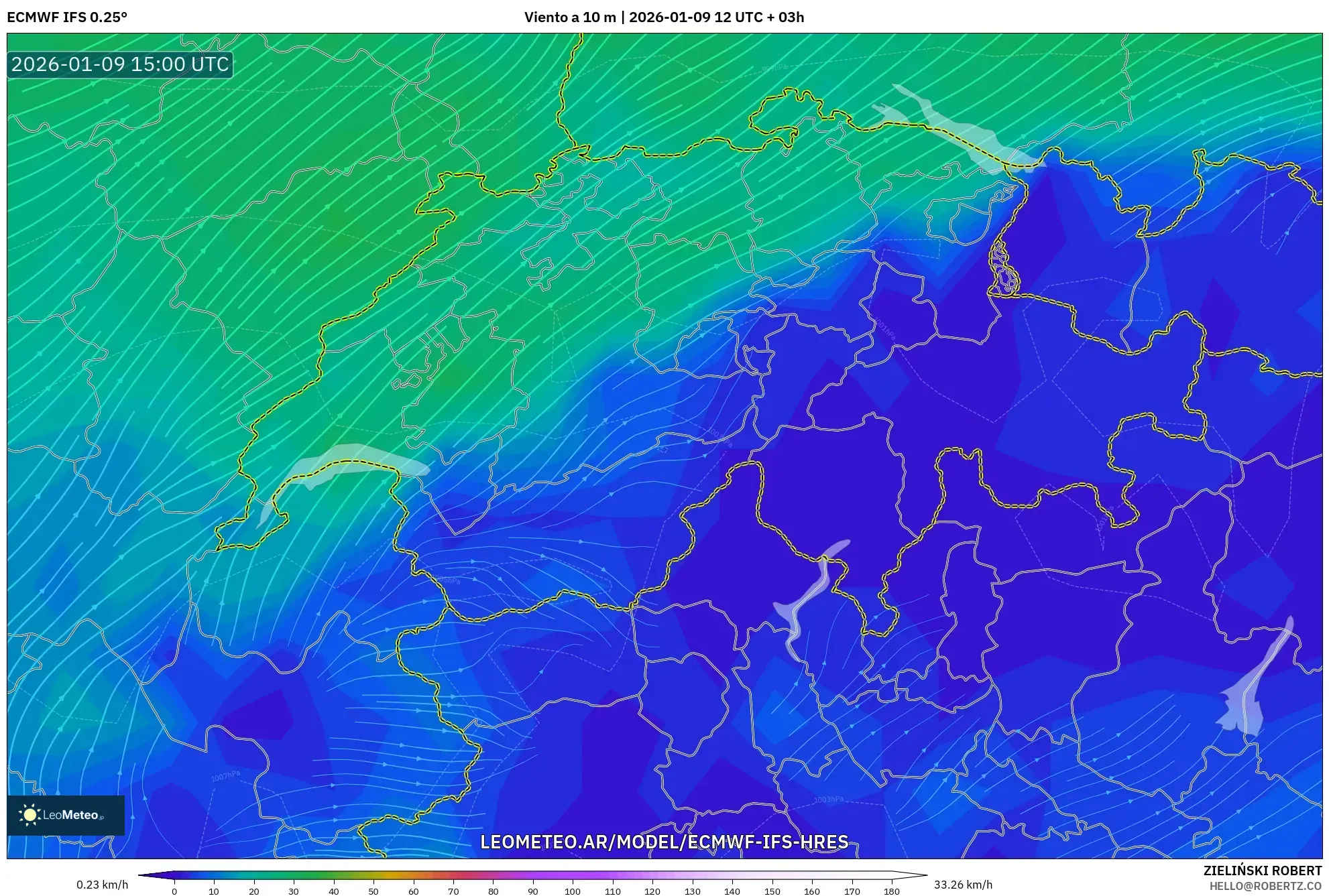 ECMWF IFS 0.25° model - Suiza, Viento a 10 m