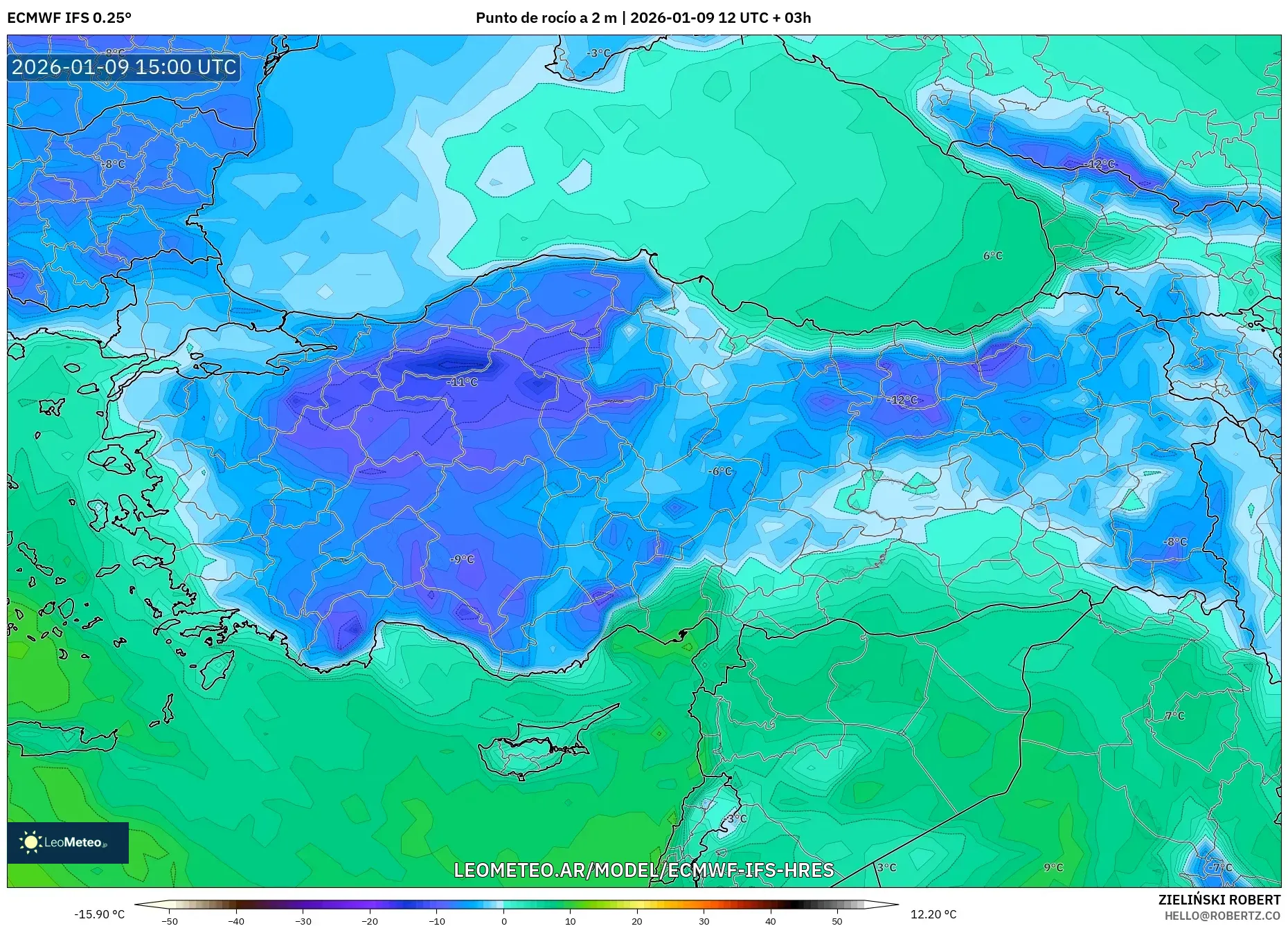 ECMWF IFS 0.25° model - Turquía, Punto de rocío a 2 m