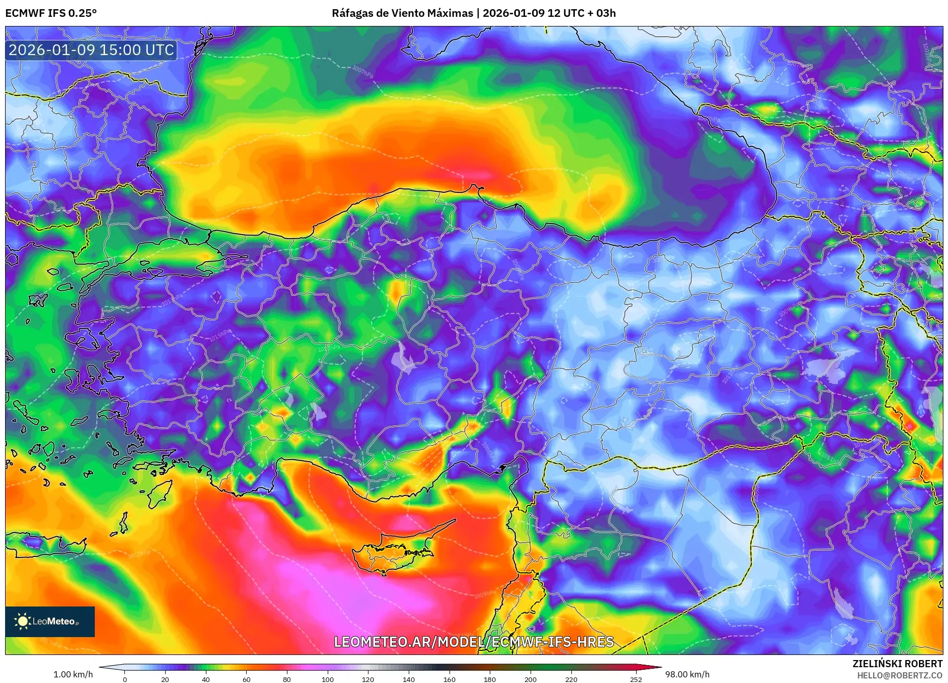 ECMWF IFS 0.25° model - Turquía, Ráfagas de Viento Máximas