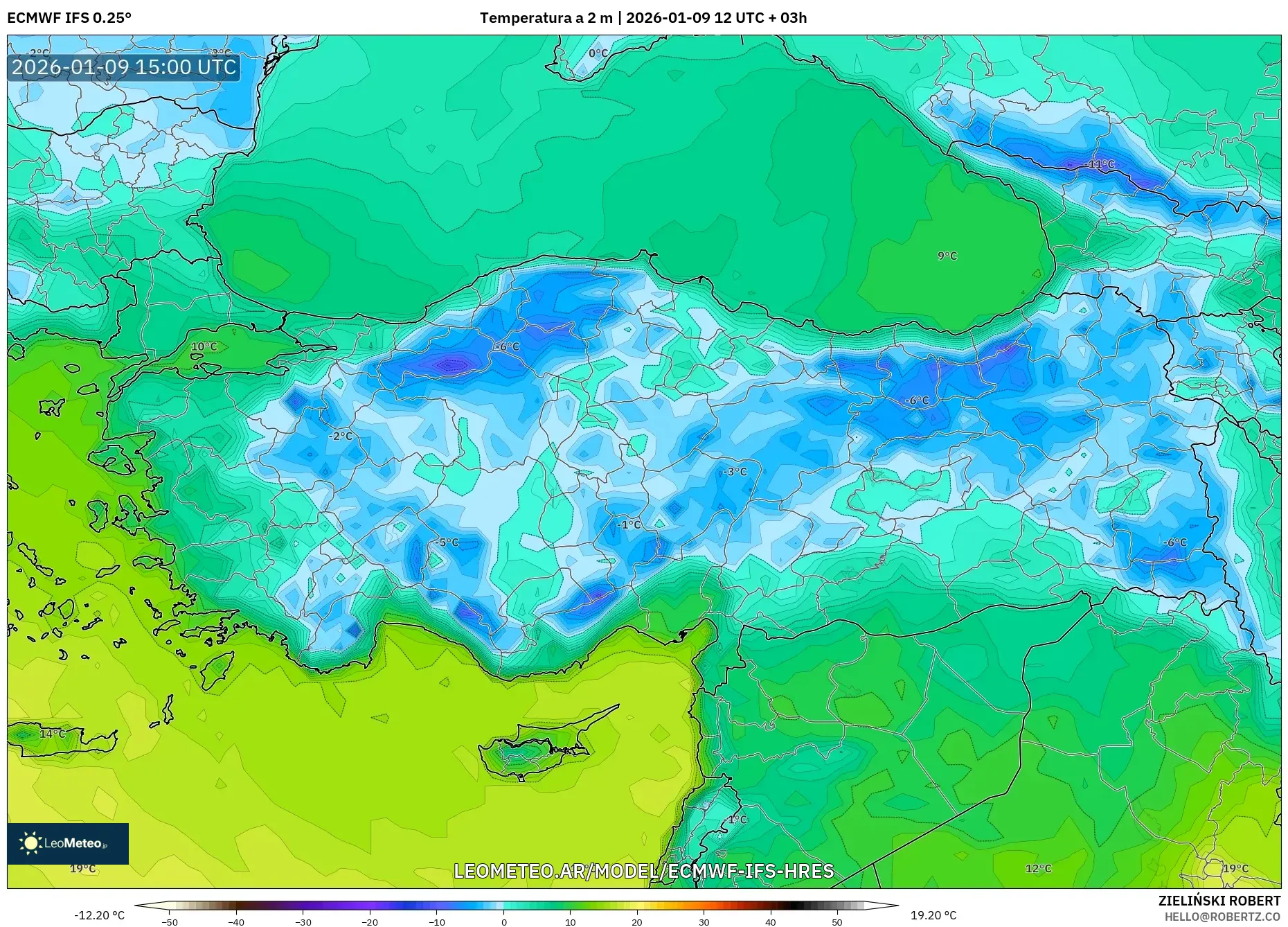 ECMWF IFS 0.25° model - Turquía, Temperatura a 2 m