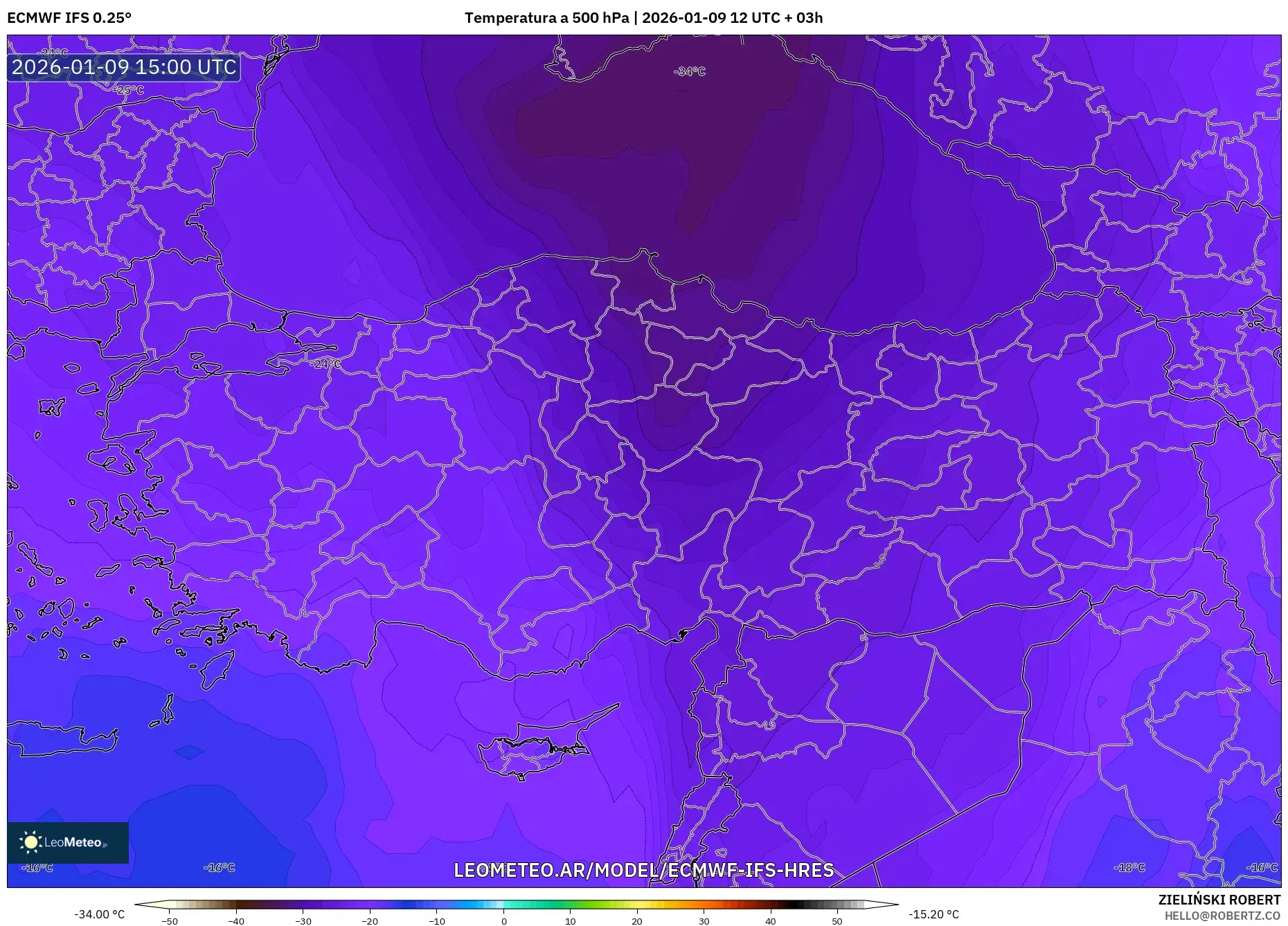 ECMWF IFS 0.25° model - Turquía, Temperatura a 500 hPa