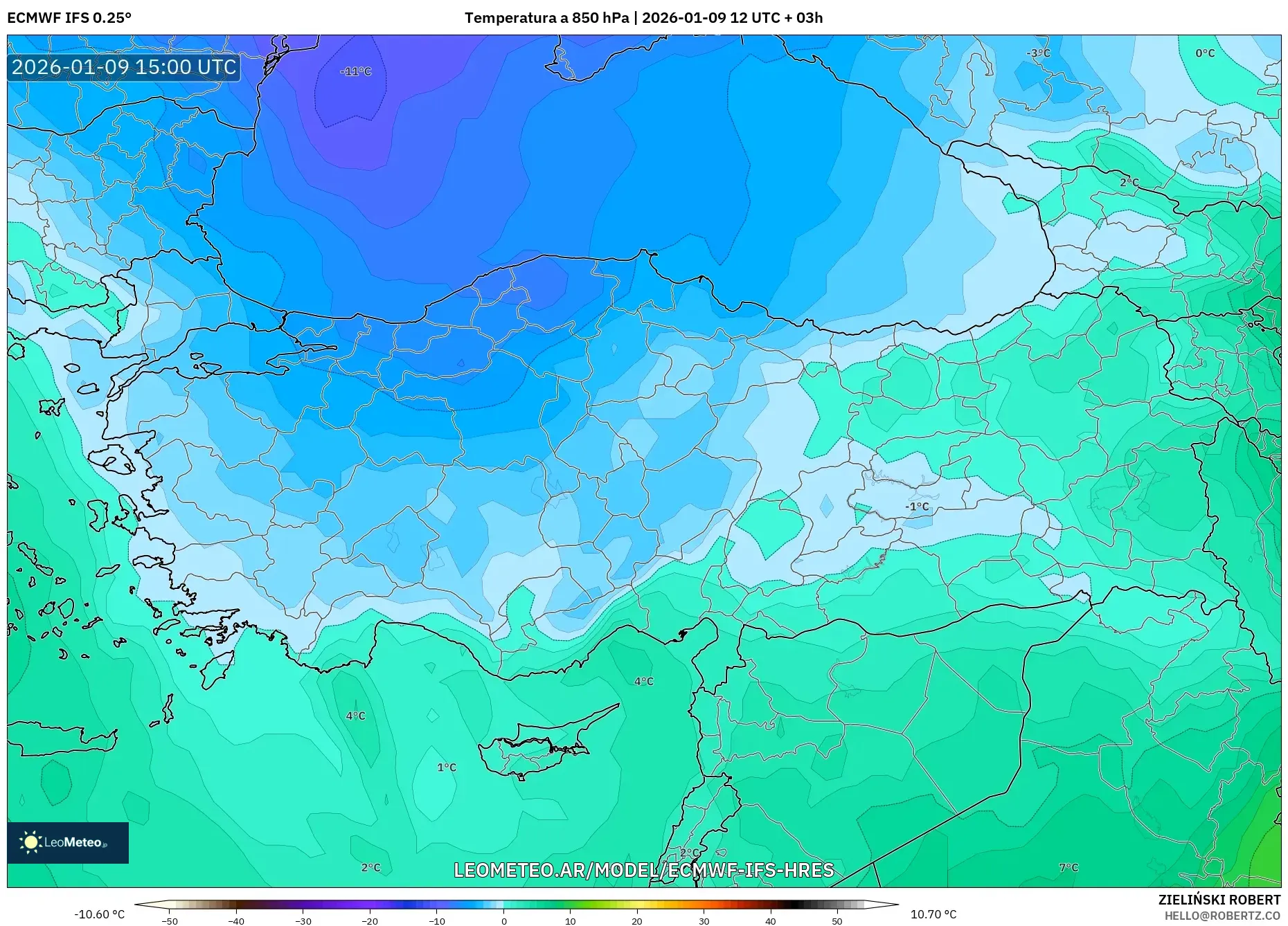 ECMWF IFS 0.25° model - Turquía, Temperatura a 850 hPa