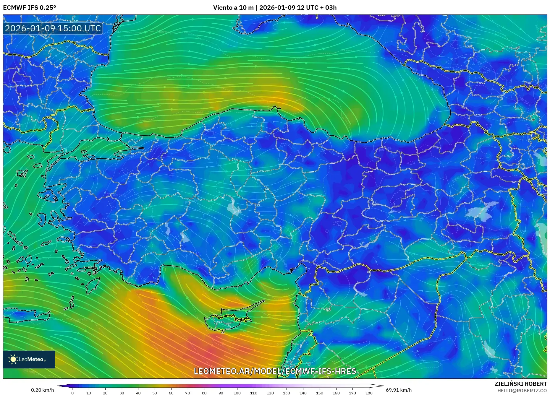 ECMWF IFS 0.25° model - Turquía, Viento a 10 m