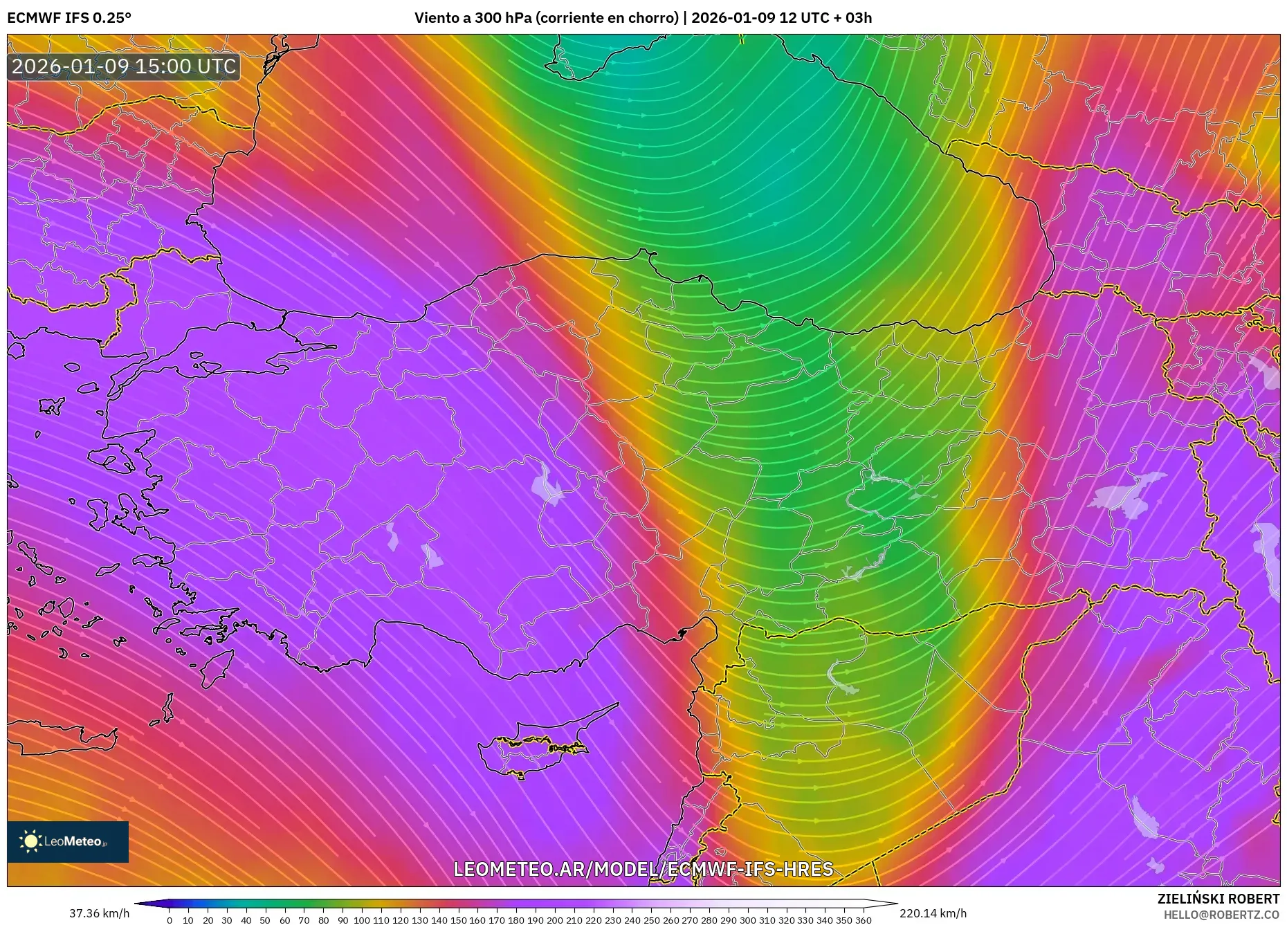 ECMWF IFS 0.25° model - Turquía, Viento a 300 hPa (corriente en chorro)