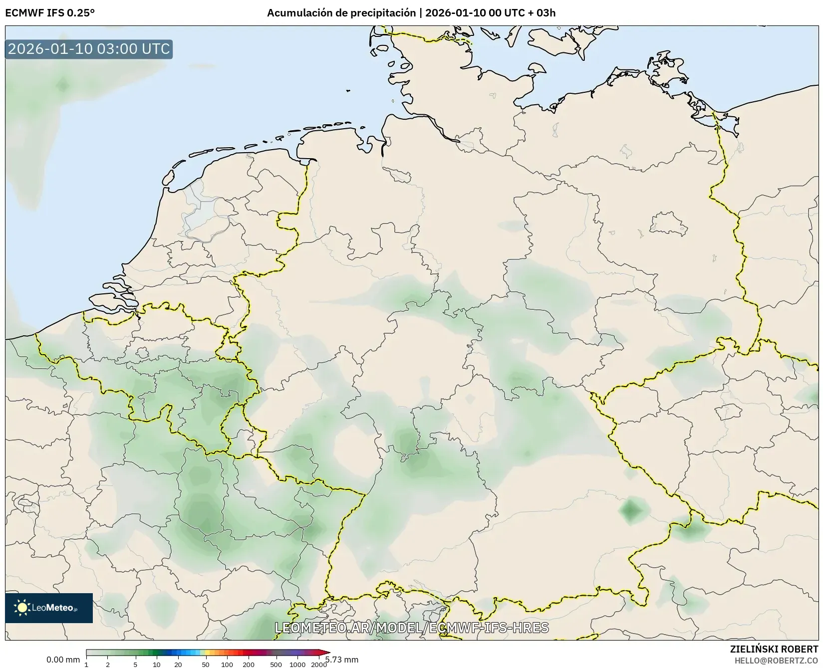 ECMWF IFS 0.25° model - Alemania, Acumulación de precipitación