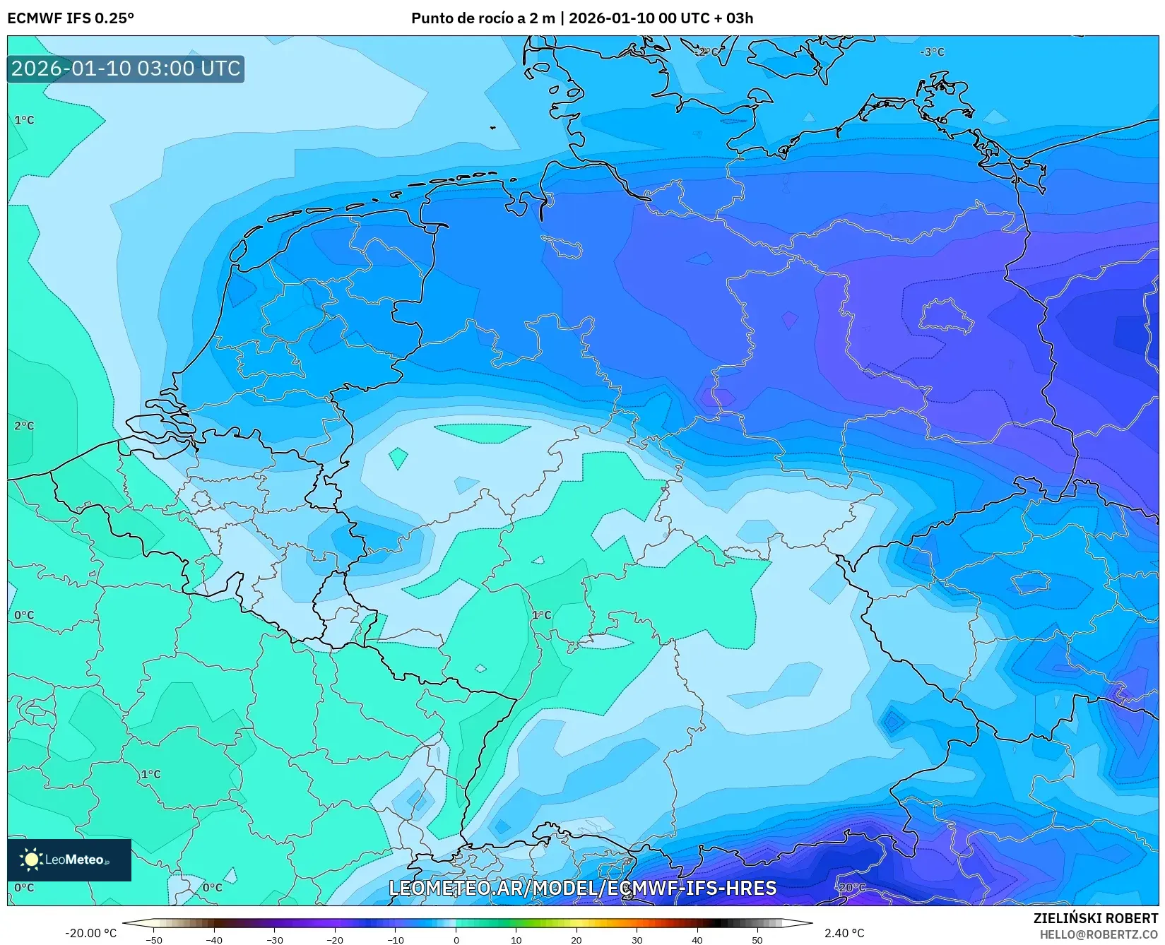 ECMWF IFS 0.25° model - Alemania, Punto de rocío a 2 m