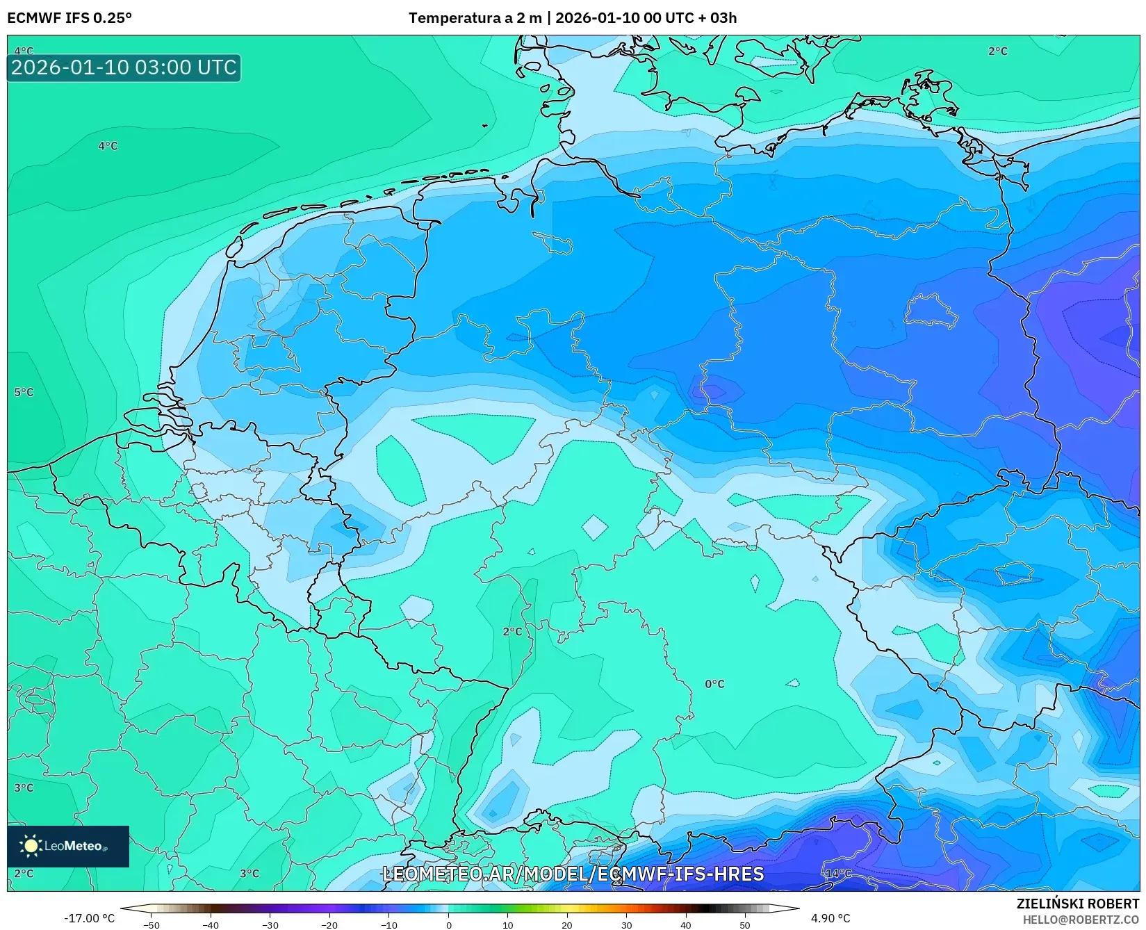 ECMWF IFS 0.25° model - Alemania, Temperatura a 2 m