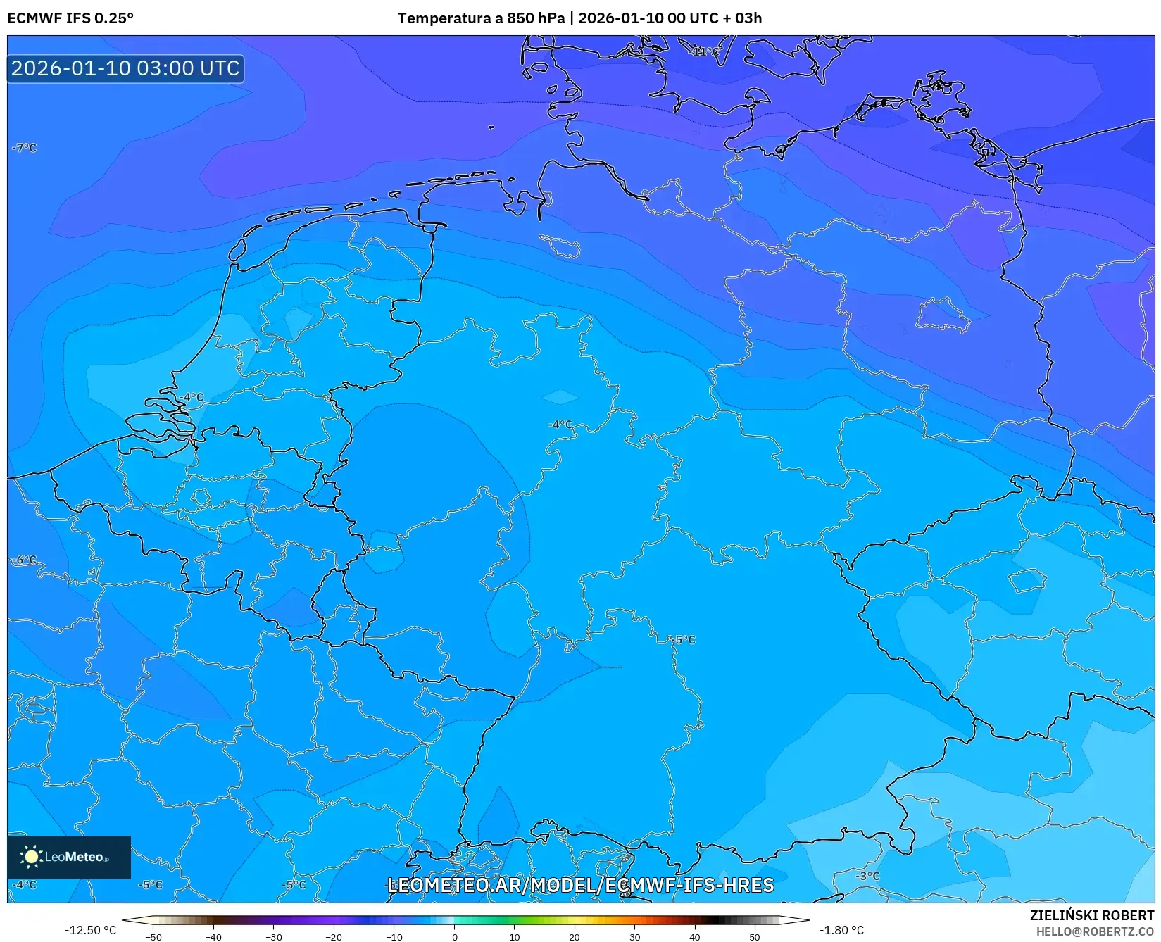 ECMWF IFS 0.25° model - Alemania, Temperatura a 850 hPa