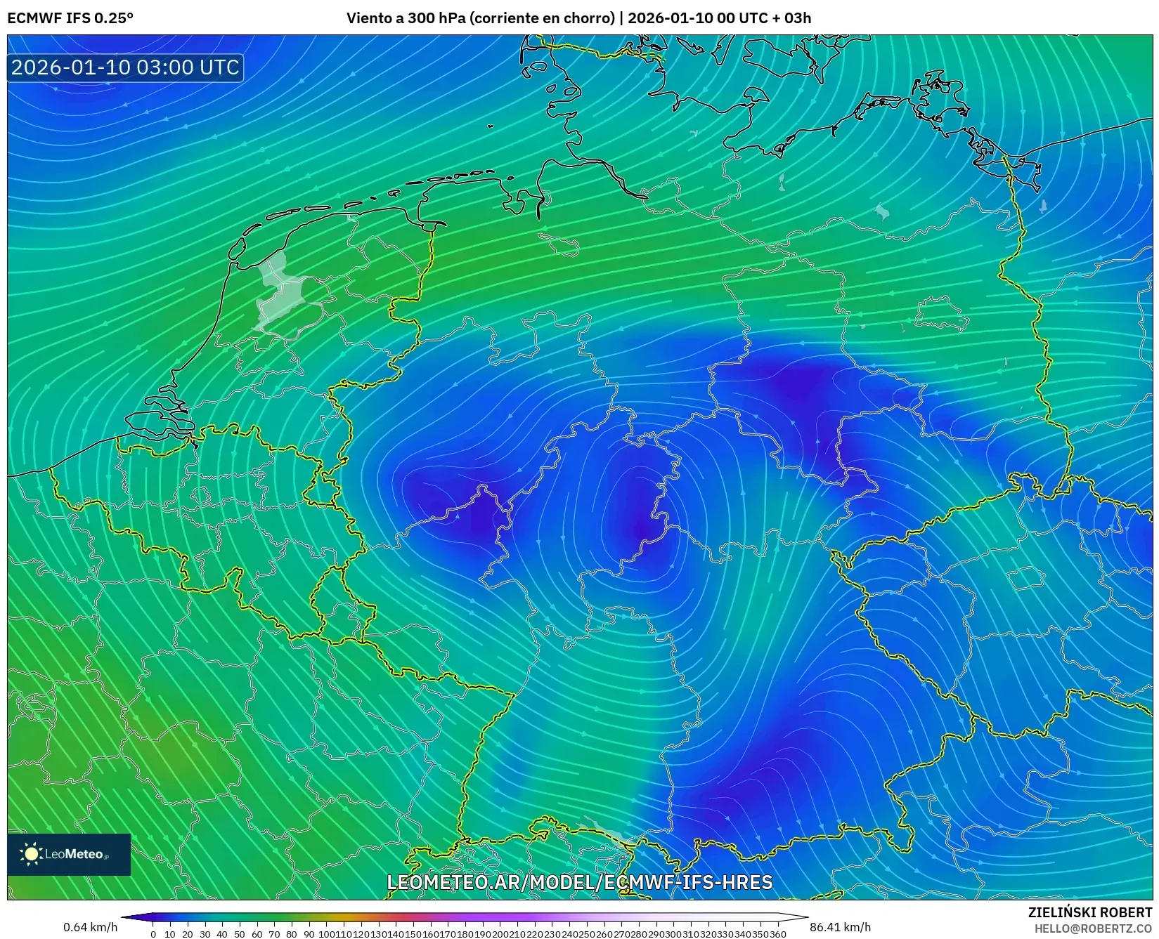 ECMWF IFS 0.25° model - Alemania, Viento a 300 hPa (corriente en chorro)