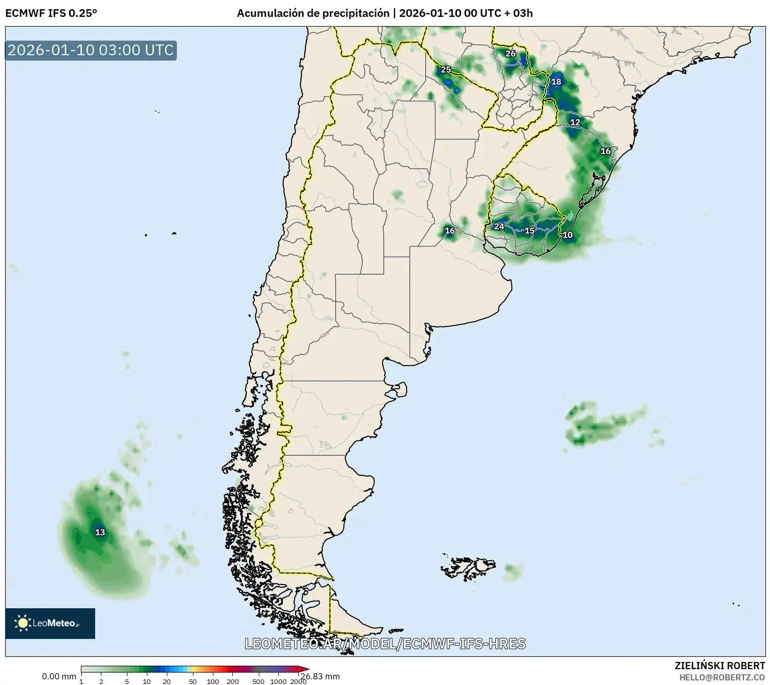 ECMWF IFS 0.25° model - Argentina, Acumulación de precipitación