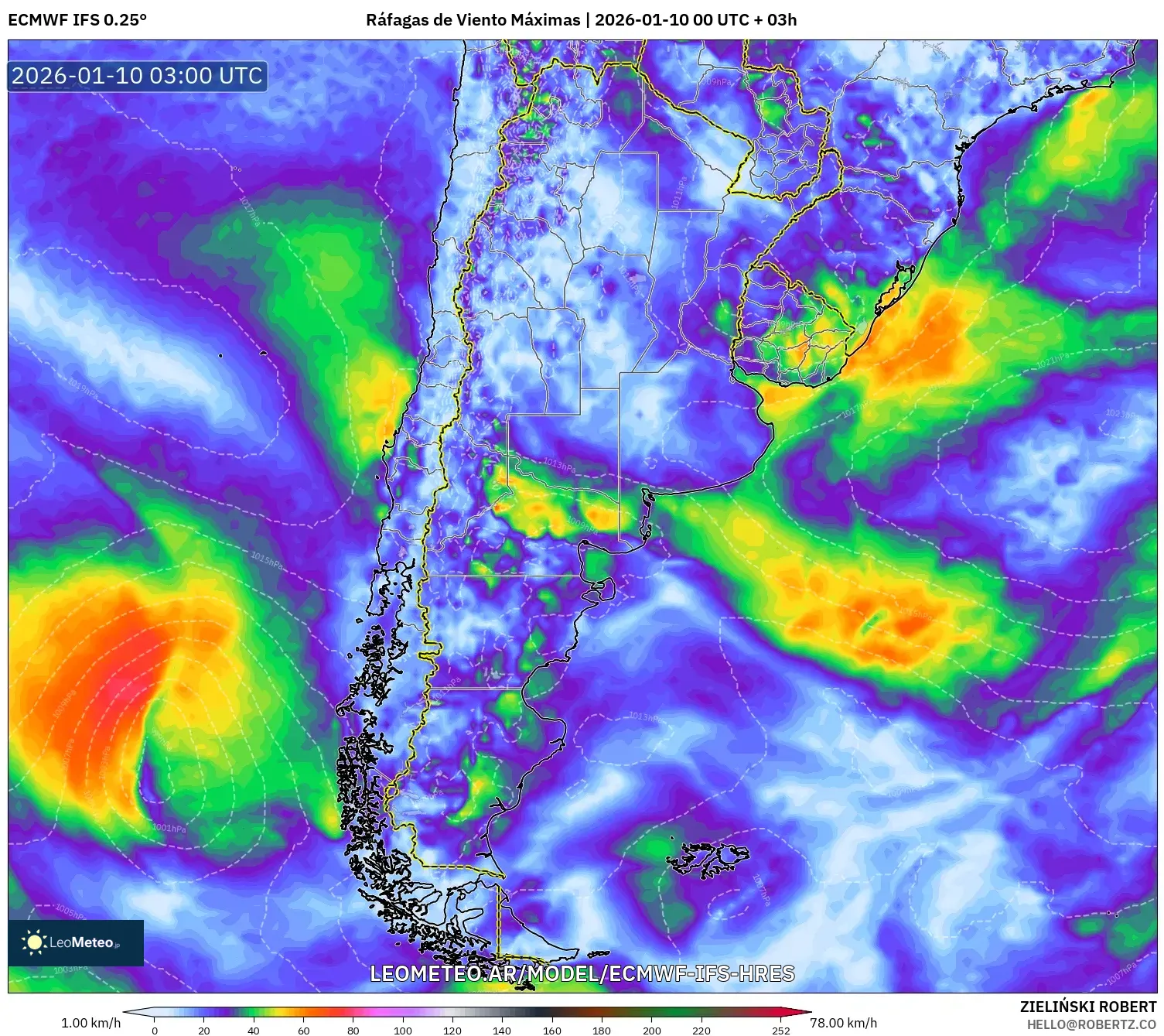 ECMWF IFS 0.25° model - Argentina, Ráfagas de Viento Máximas