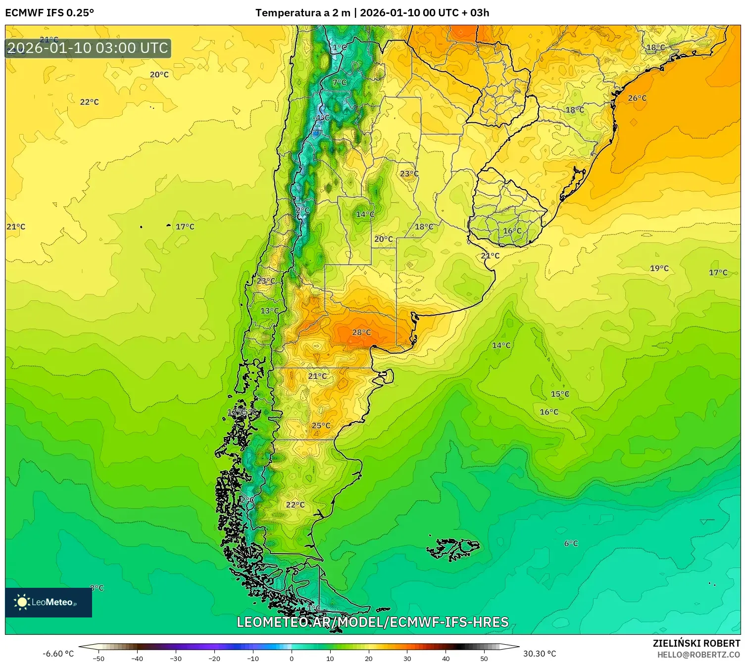 ECMWF IFS 0.25° model - Argentina, Temperatura a 2 m