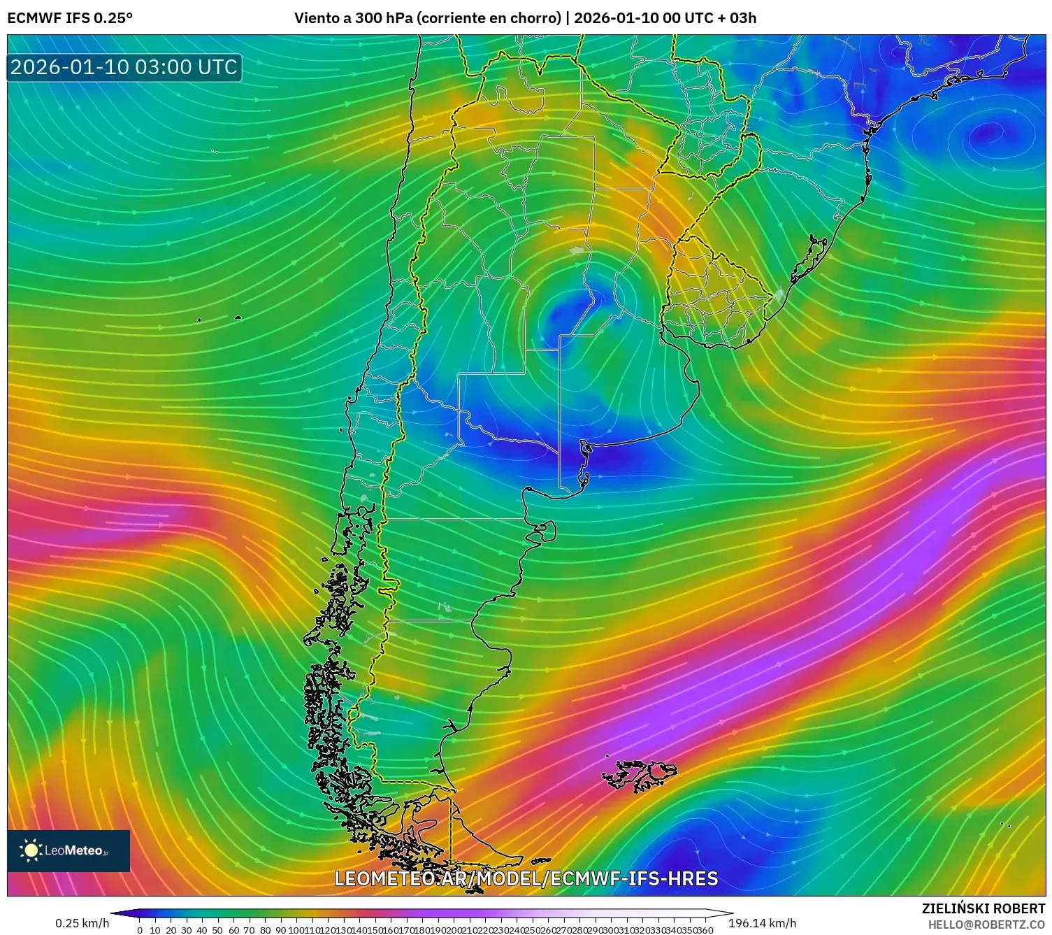 ECMWF IFS 0.25° model - Argentina, Viento a 300 hPa (corriente en chorro)