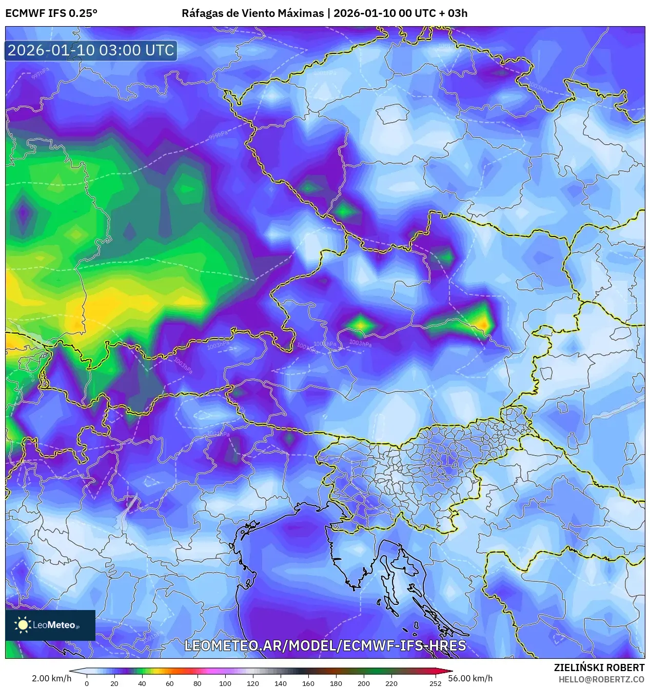 ECMWF IFS 0.25° model - Austria, Ráfagas de Viento Máximas