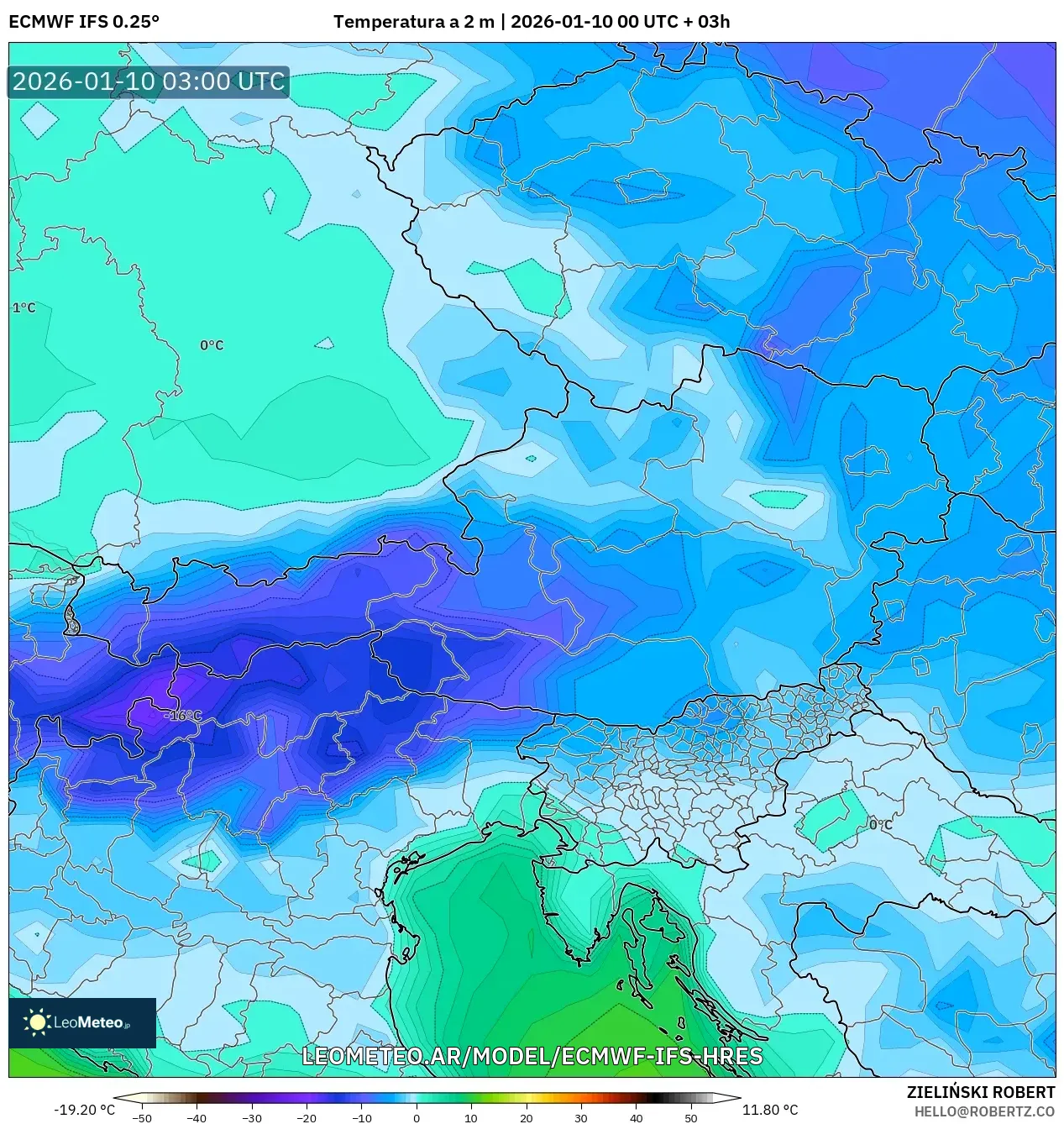 ECMWF IFS 0.25° model - Austria, Temperatura a 2 m