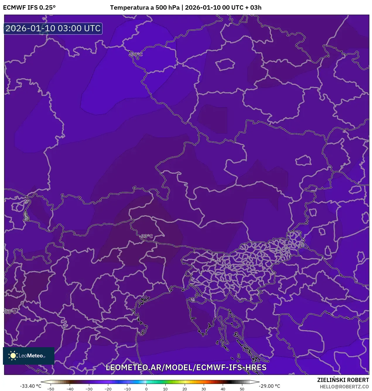 ECMWF IFS 0.25° model - Austria, Temperatura a 500 hPa
