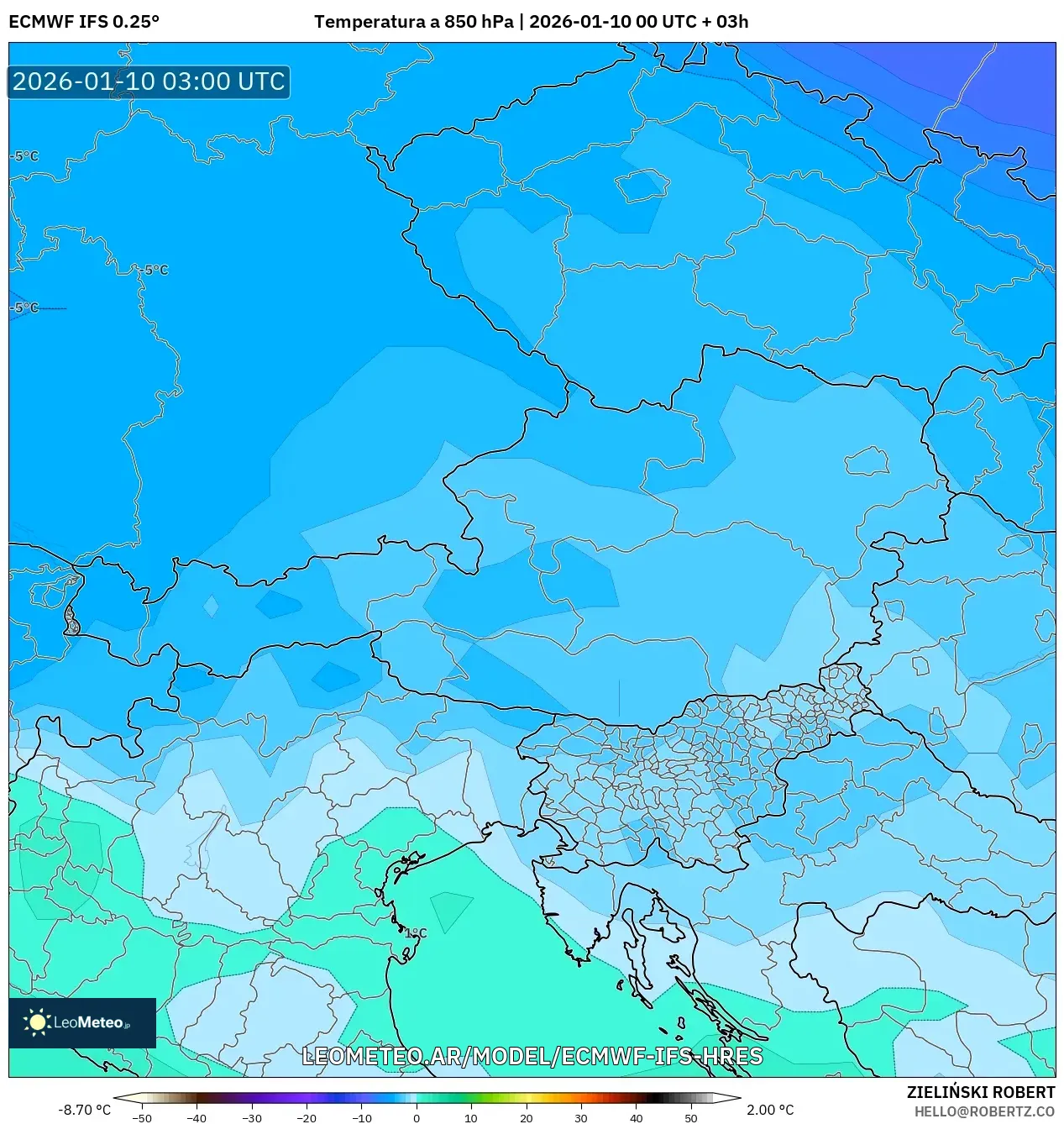 ECMWF IFS 0.25° model - Austria, Temperatura a 850 hPa