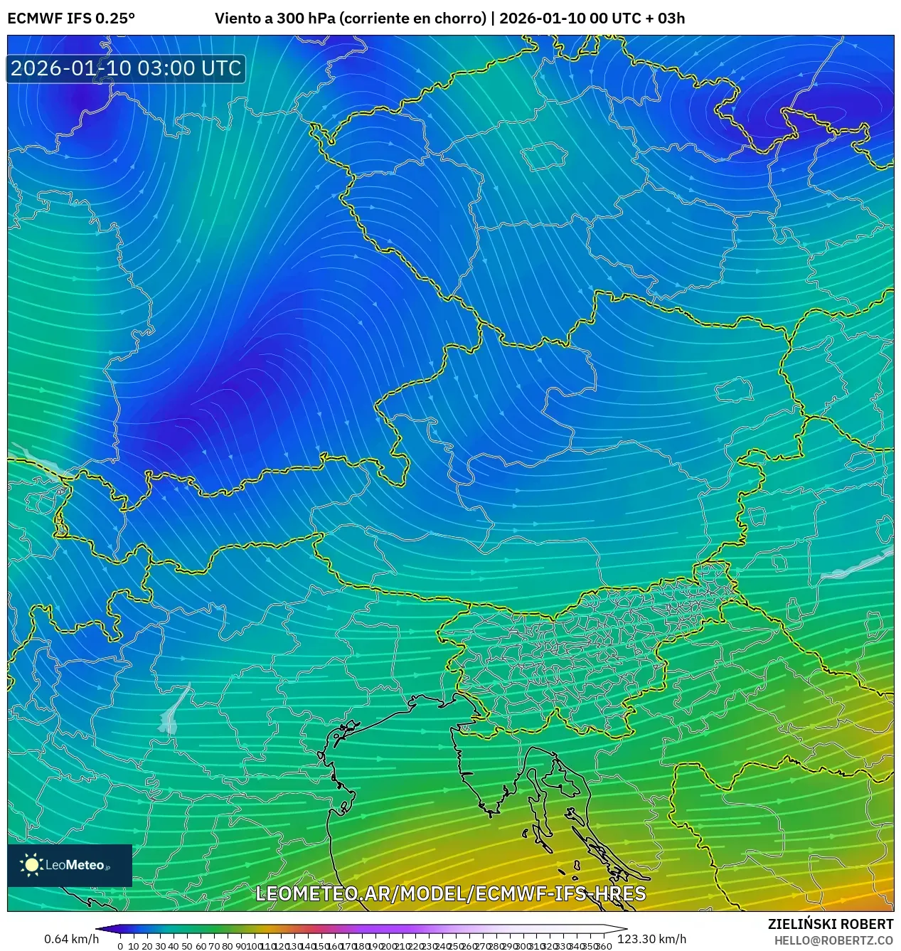ECMWF IFS 0.25° model - Austria, Viento a 300 hPa (corriente en chorro)