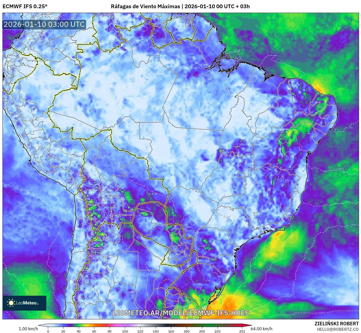 ECMWF IFS 0.25° model - Brasil, Ráfagas de Viento Máximas
