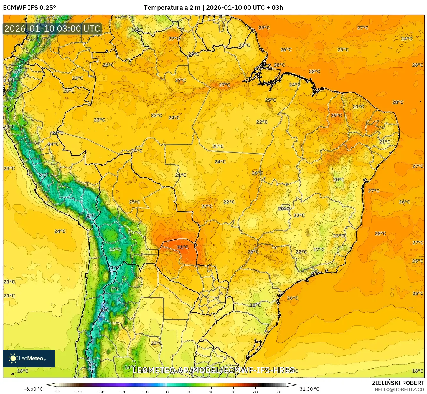 ECMWF IFS 0.25° model - Brasil, Temperatura a 2 m