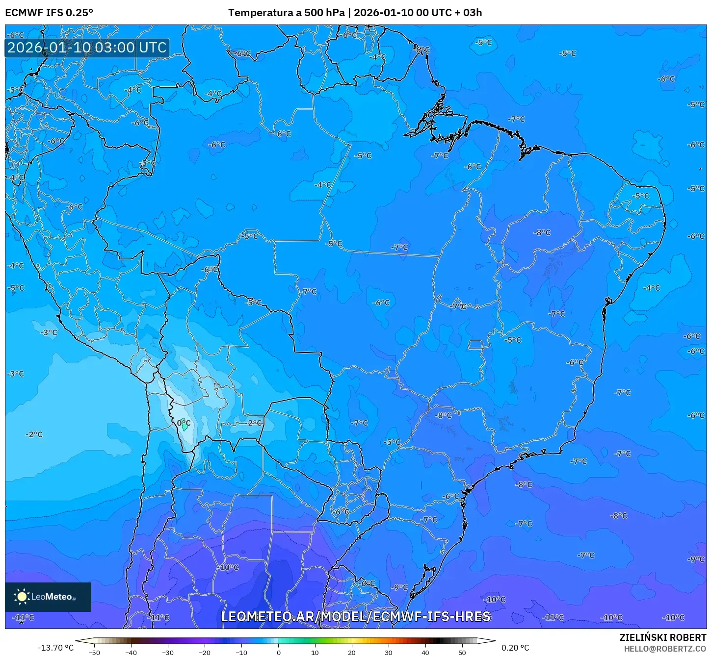ECMWF IFS 0.25° model - Brasil, Temperatura a 500 hPa
