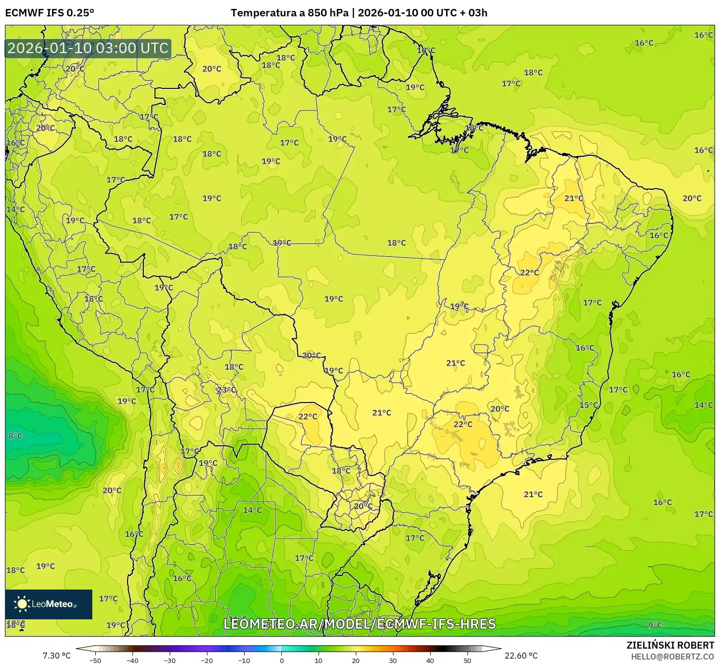 ECMWF IFS 0.25° model - Brasil, Temperatura a 850 hPa