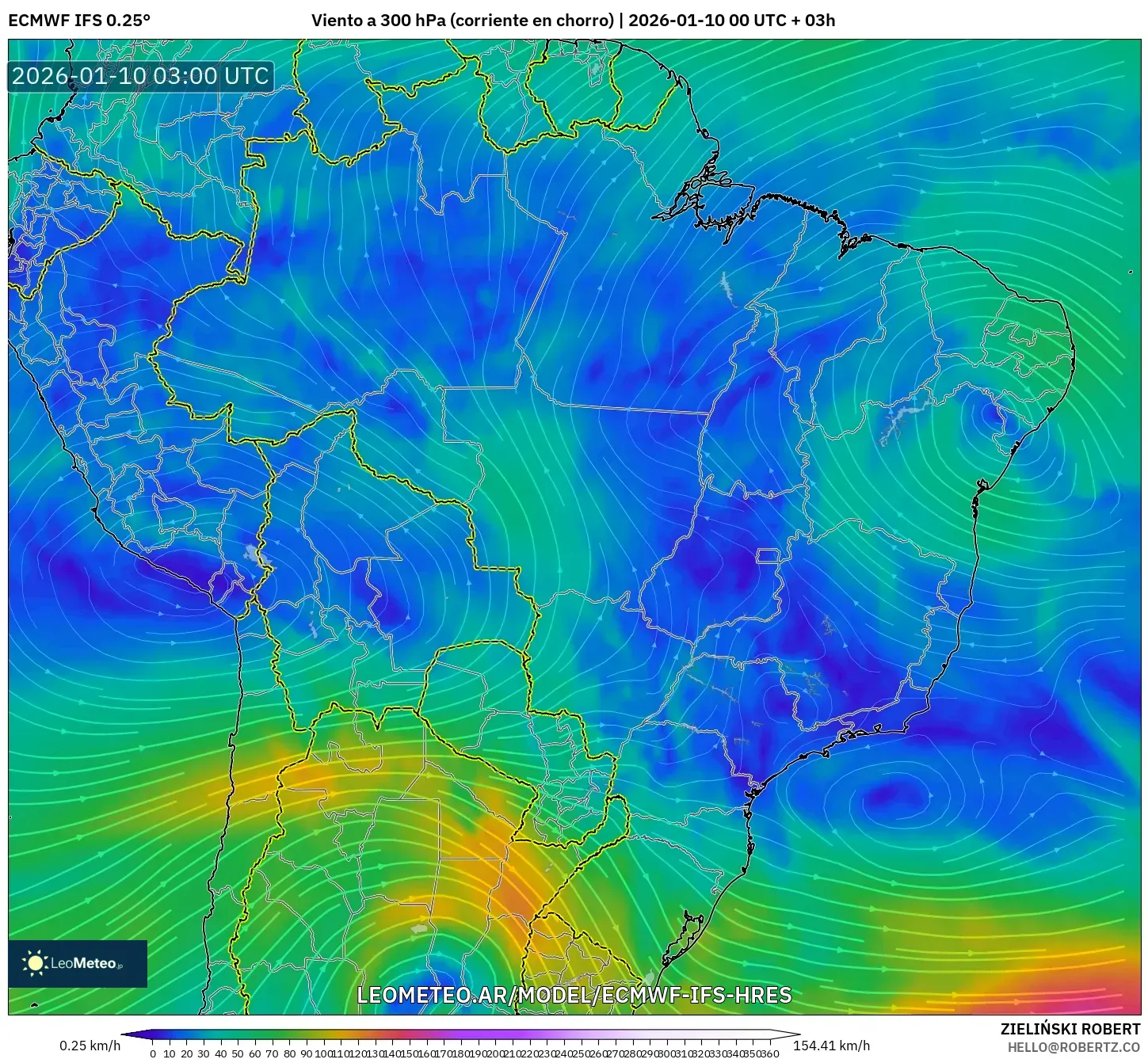 ECMWF IFS 0.25° model - Brasil, Viento a 300 hPa (corriente en chorro)