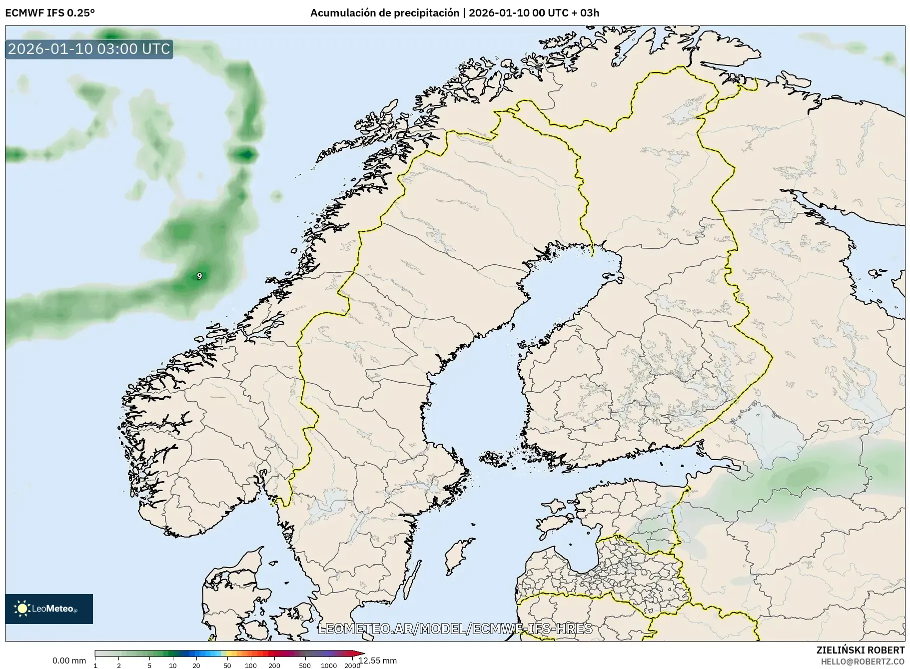 ECMWF IFS 0.25° model - Escandinavia, Acumulación de precipitación