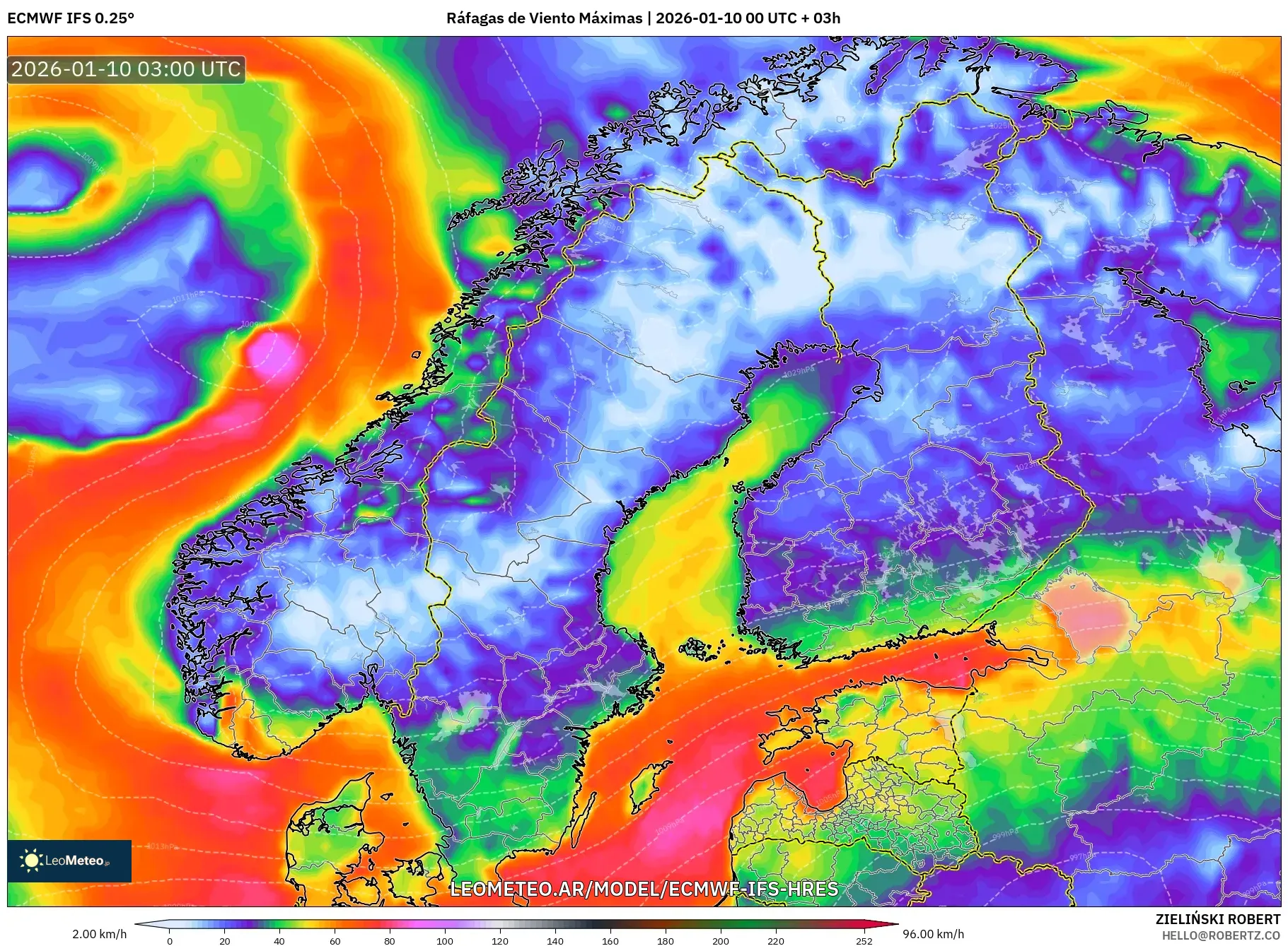 ECMWF IFS 0.25° model - Escandinavia, Ráfagas de Viento Máximas