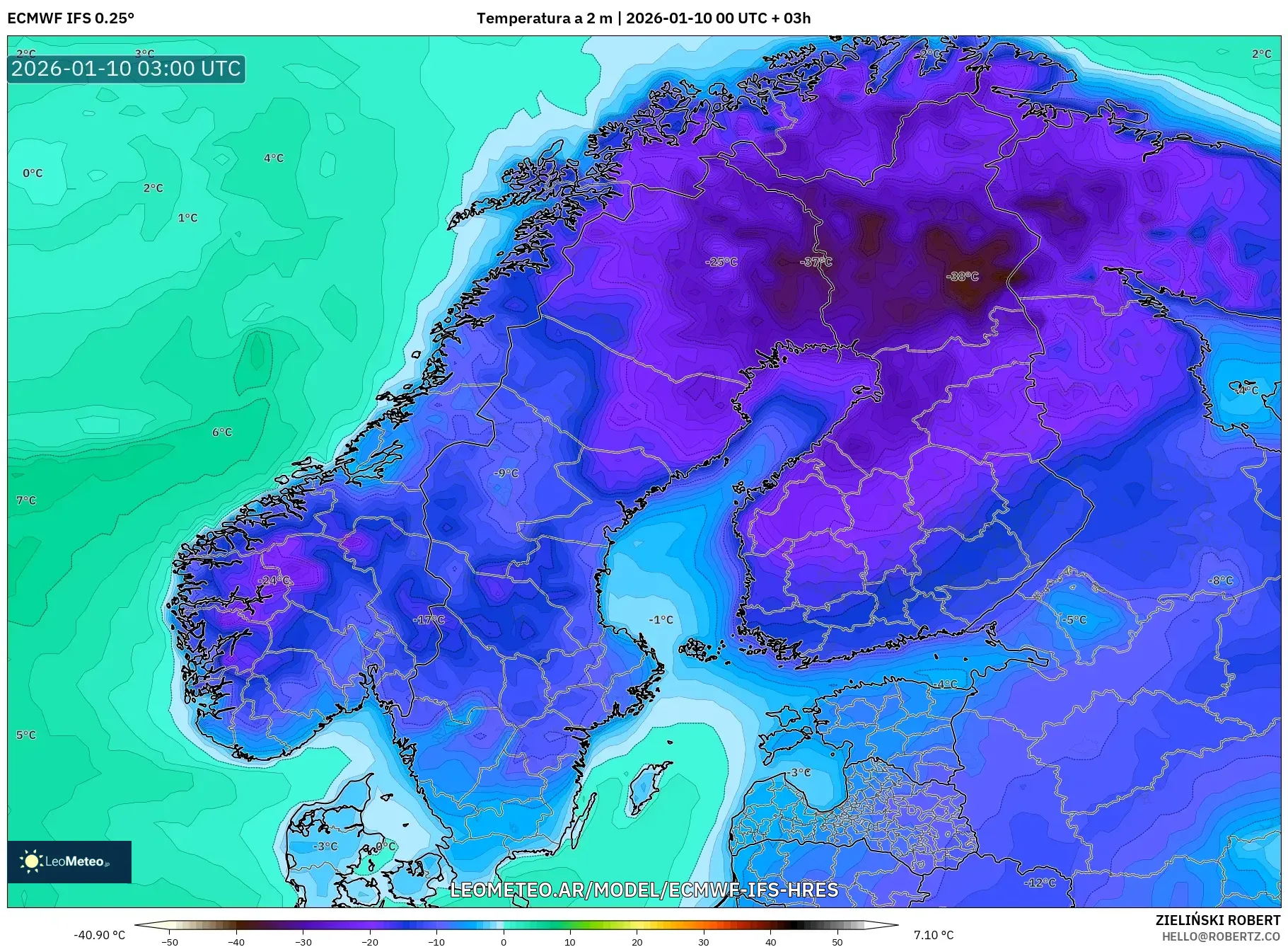 ECMWF IFS 0.25° model - Escandinavia, Temperatura a 2 m